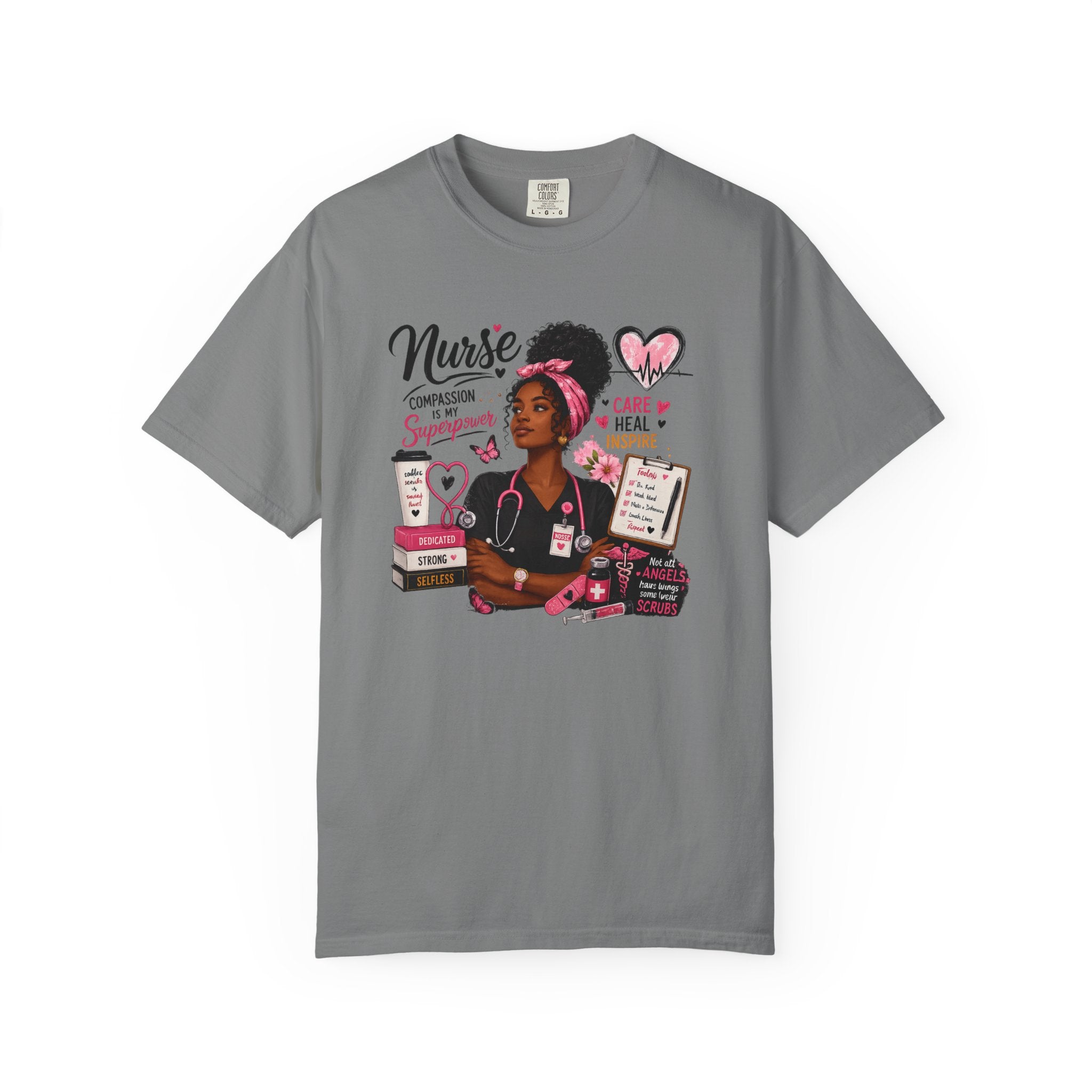 Dark grey nurse graphic t-shirt with colorful illustrated nurse and heart icons.