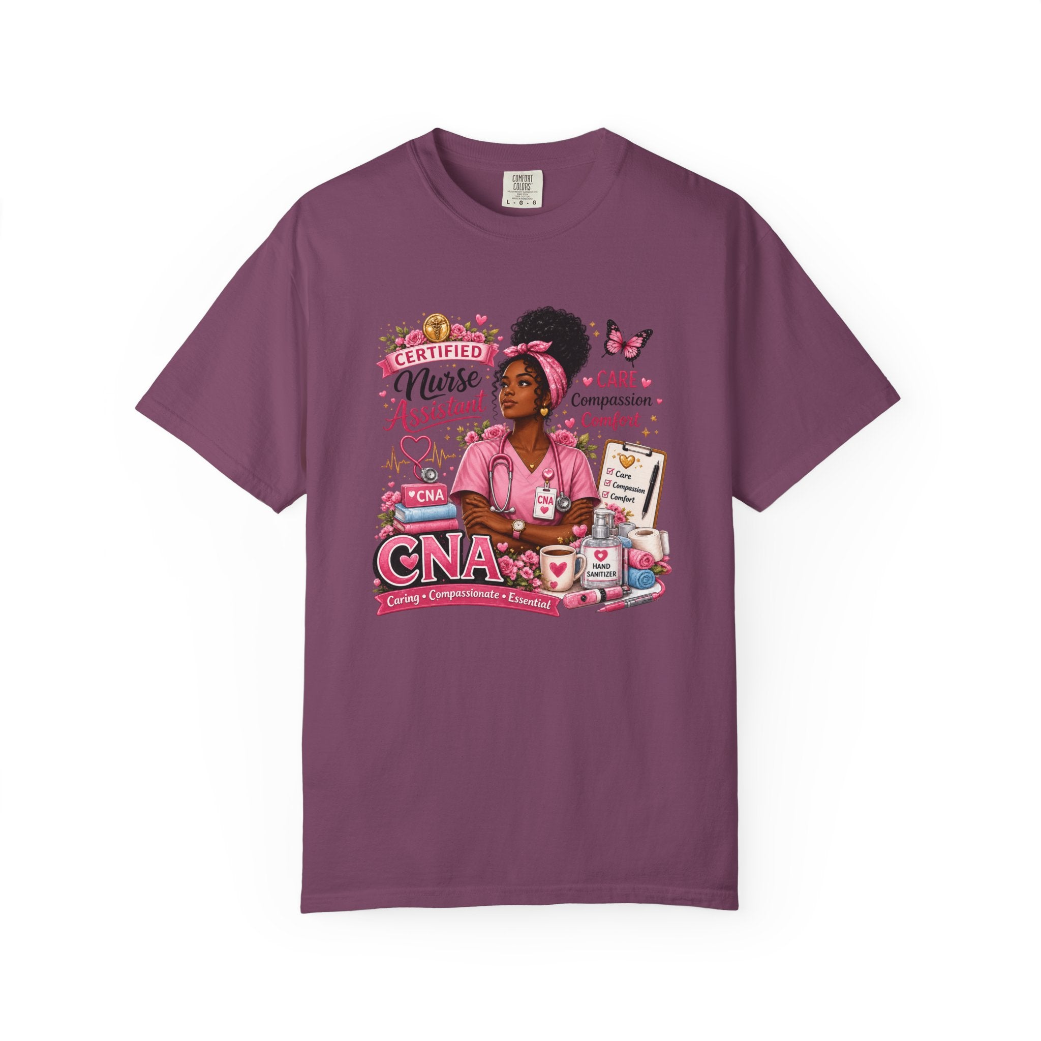 Plum CNA nurse assistant t-shirt with floral tribute front graphic