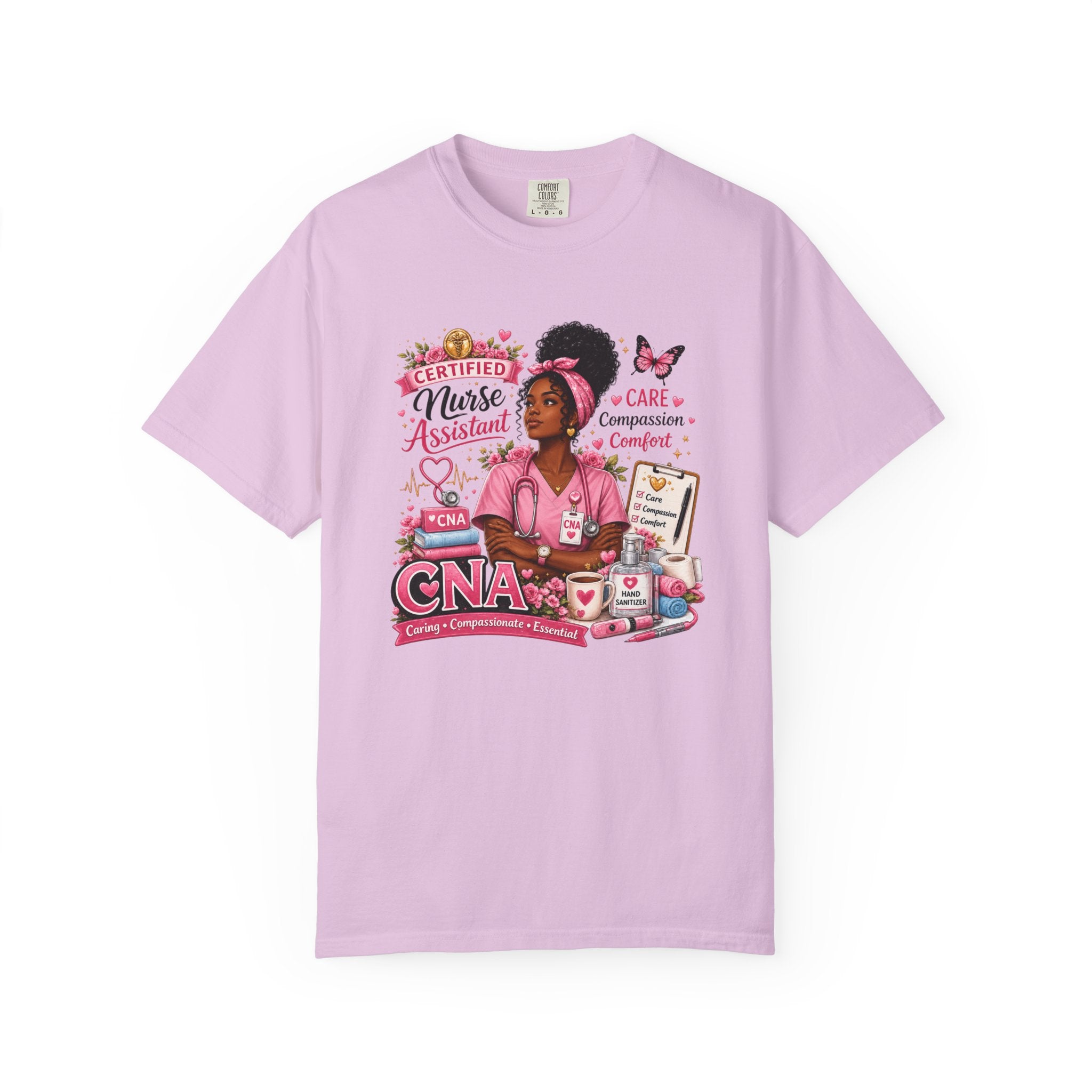 Lavender CNA nurse assistant t-shirt with floral tribute front graphic