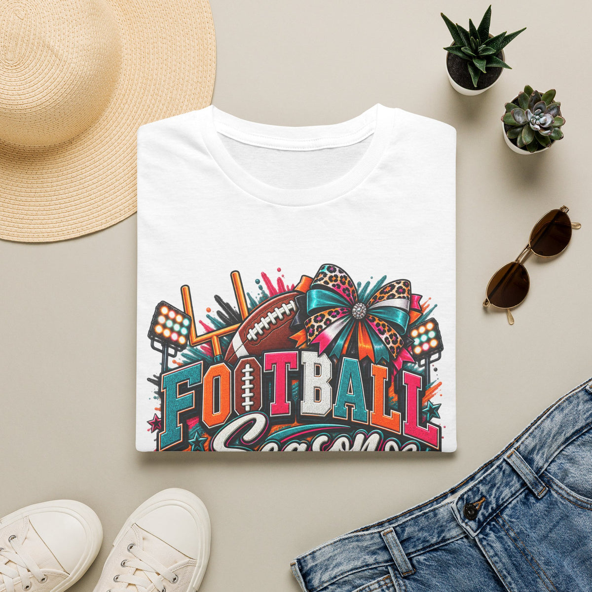 Football Season T-Shirt — Festive Cheer Bow & Leopard Print Game Day Tee