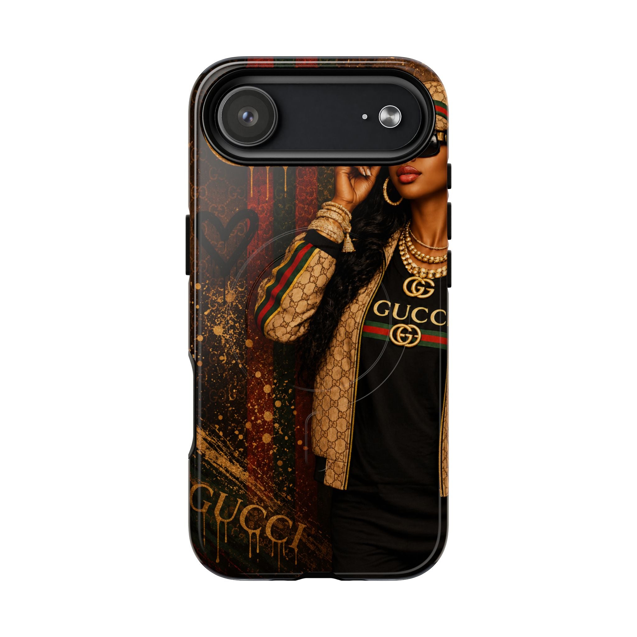Magnetic phone case with Gucci logo print, dark brown/black artwork and top bar camera cover