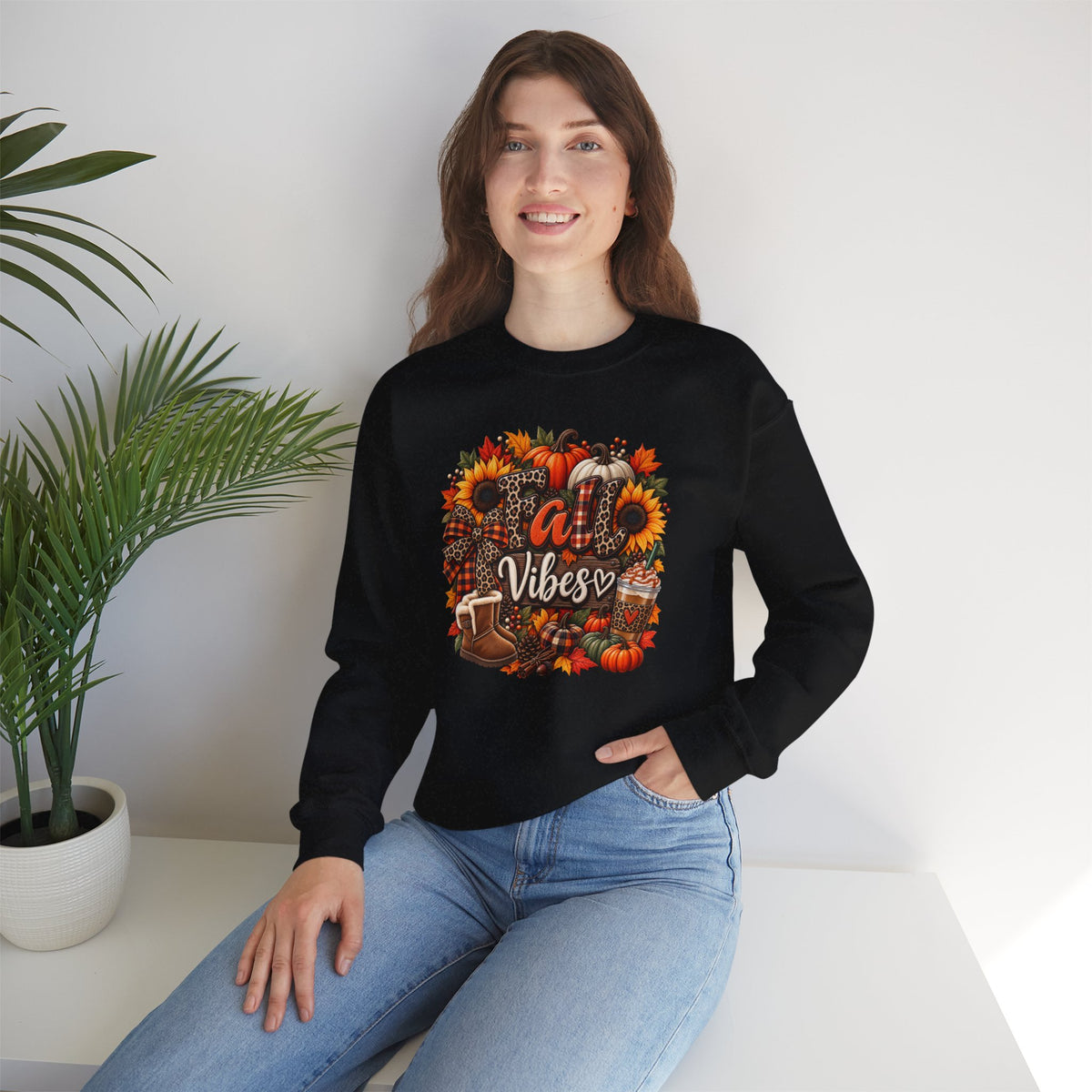 Fall Vibes Crewneck Sweatshirt — Autumn Pumpkin & Sunflower Graphic