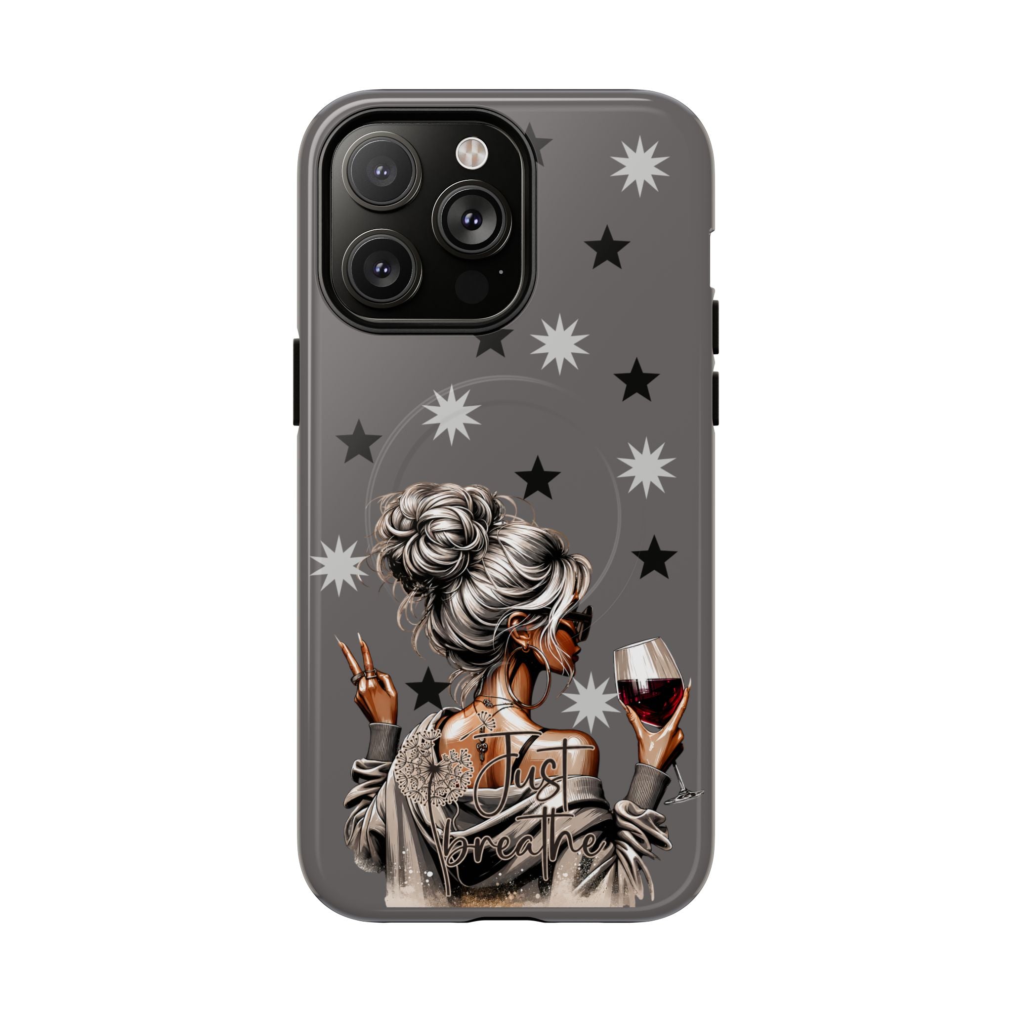 Dark gray phone case with star pattern and illustrated woman holding wine, Just Breathe text