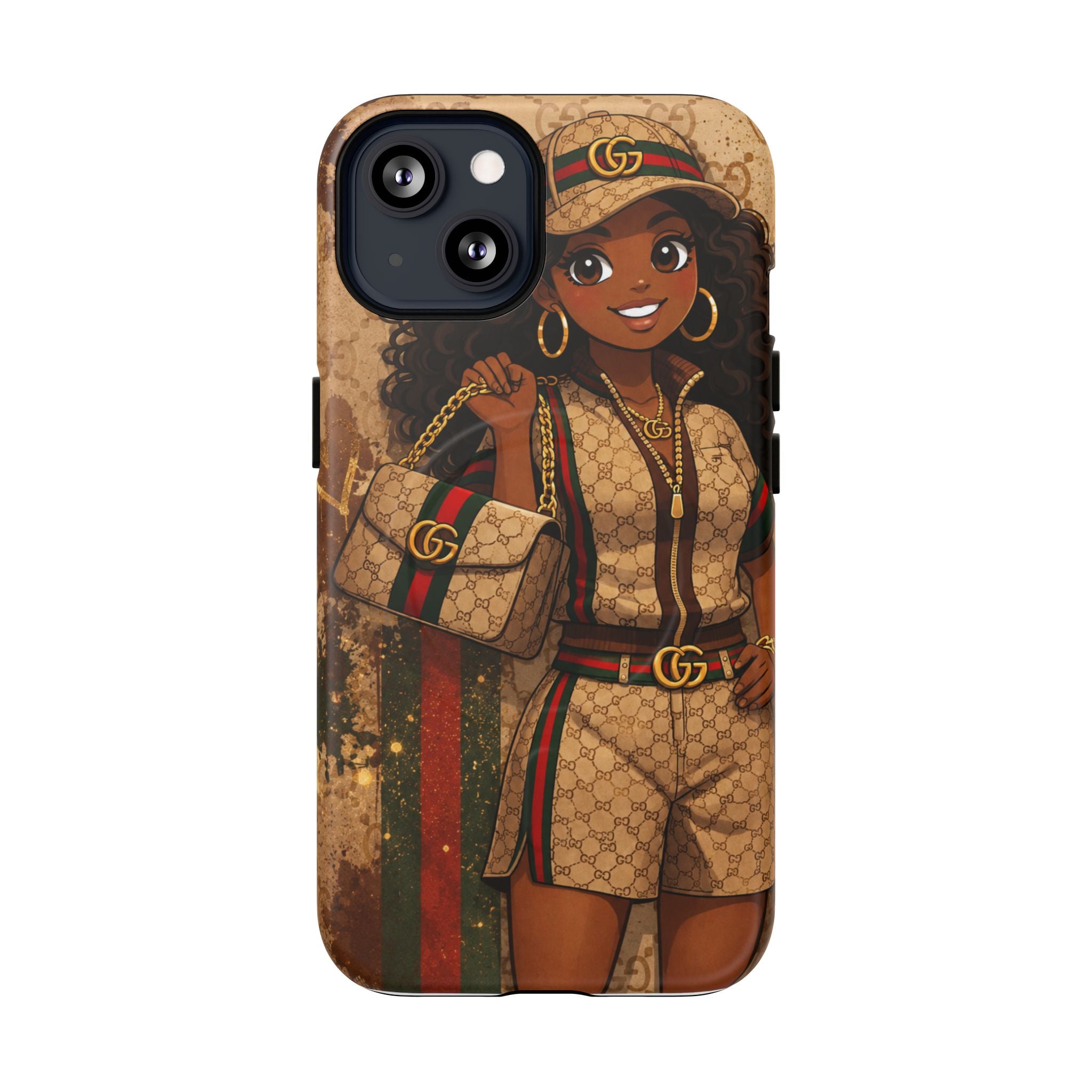 Phone case with cartoon girl head and monogram style print, with camera openings