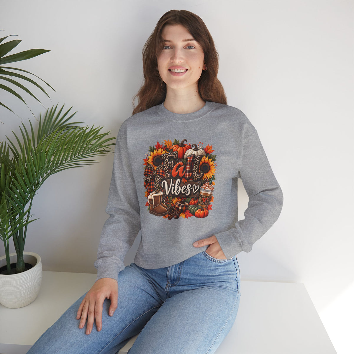 Fall Vibes Crewneck Sweatshirt — Autumn Pumpkin & Sunflower Graphic