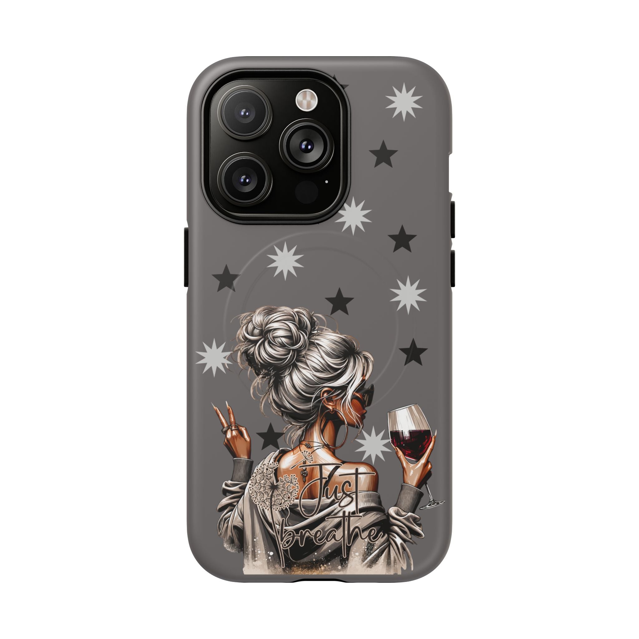 Dark gray phone case with star pattern and illustrated woman holding wine, Just Breathe text
