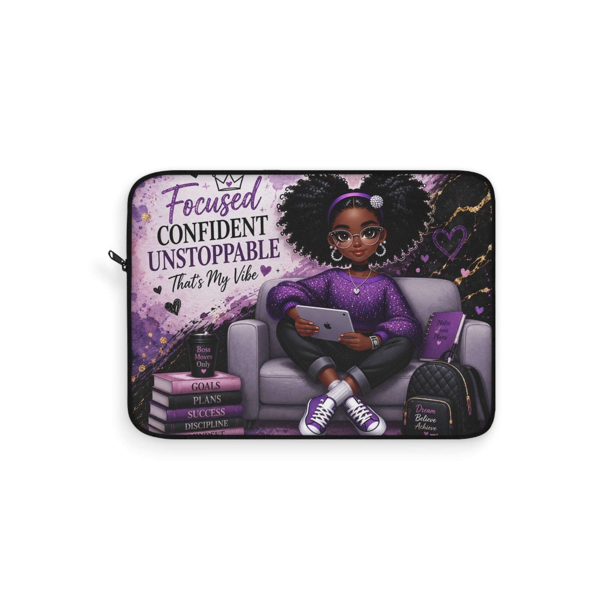 Focused Confident Unstoppable Thats My Vibe Laptop Sleeve | Girl with Tablet, Purple Afro Illustration