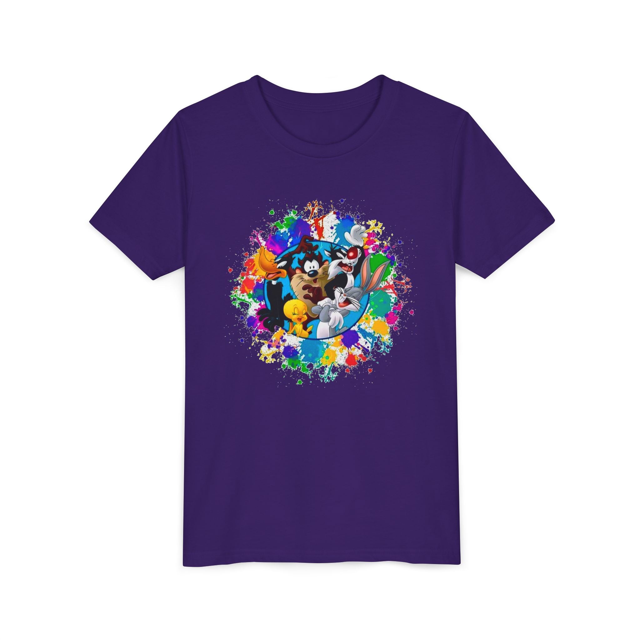 Youth crew-neck tee in purple with colorful cartoon splash graphic on chest