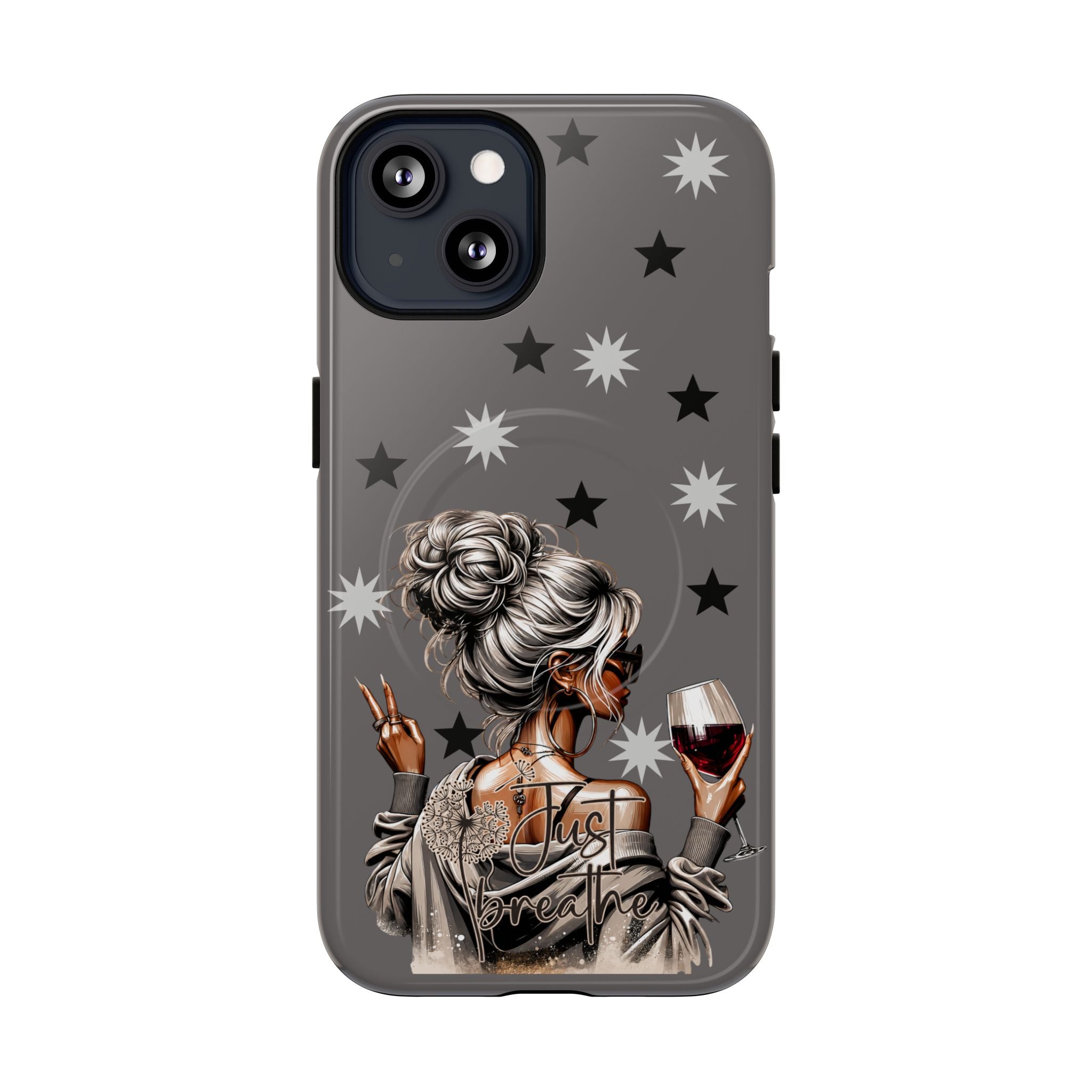 Tough magnetic phone case in gray with star accents and illustrated woman artwork