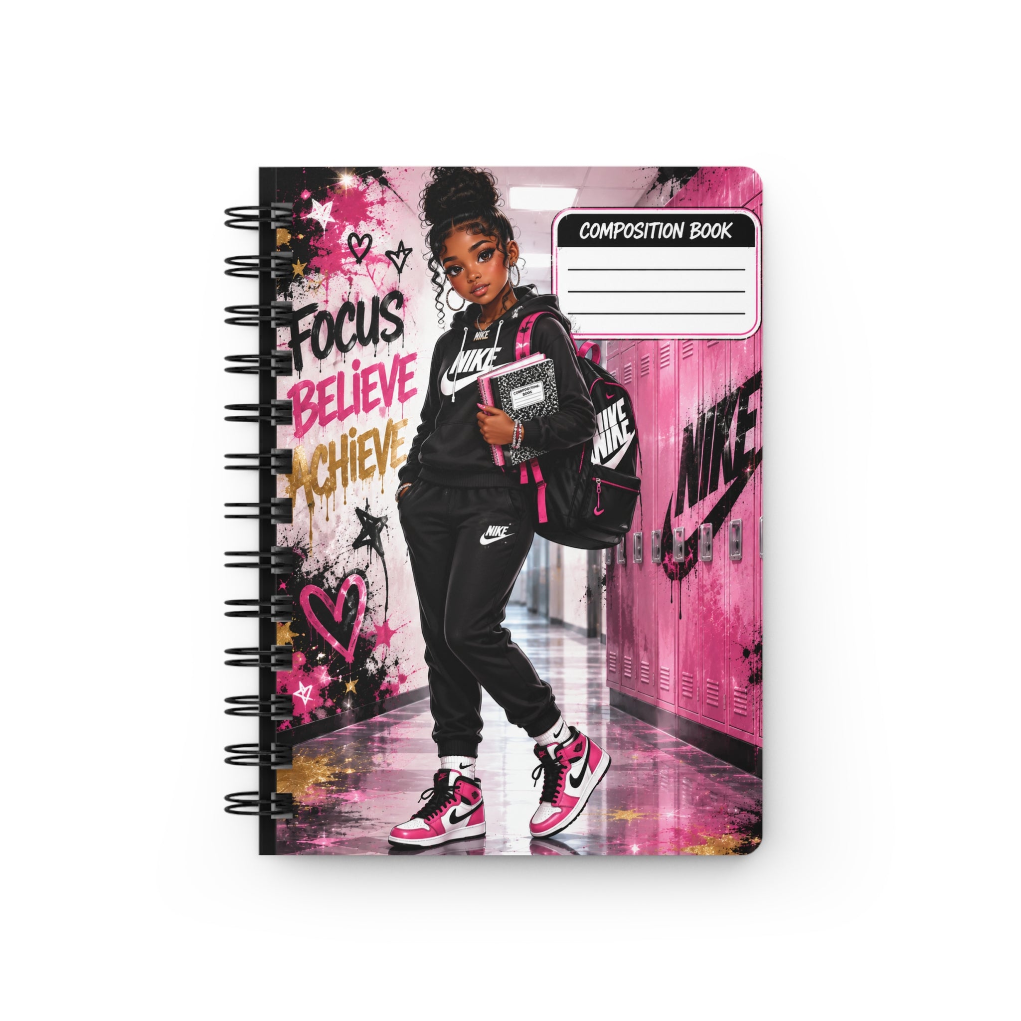 Spiral Notebook — 'Focus Believe Achieve' Pink Girl Back-to-School Composition Journal