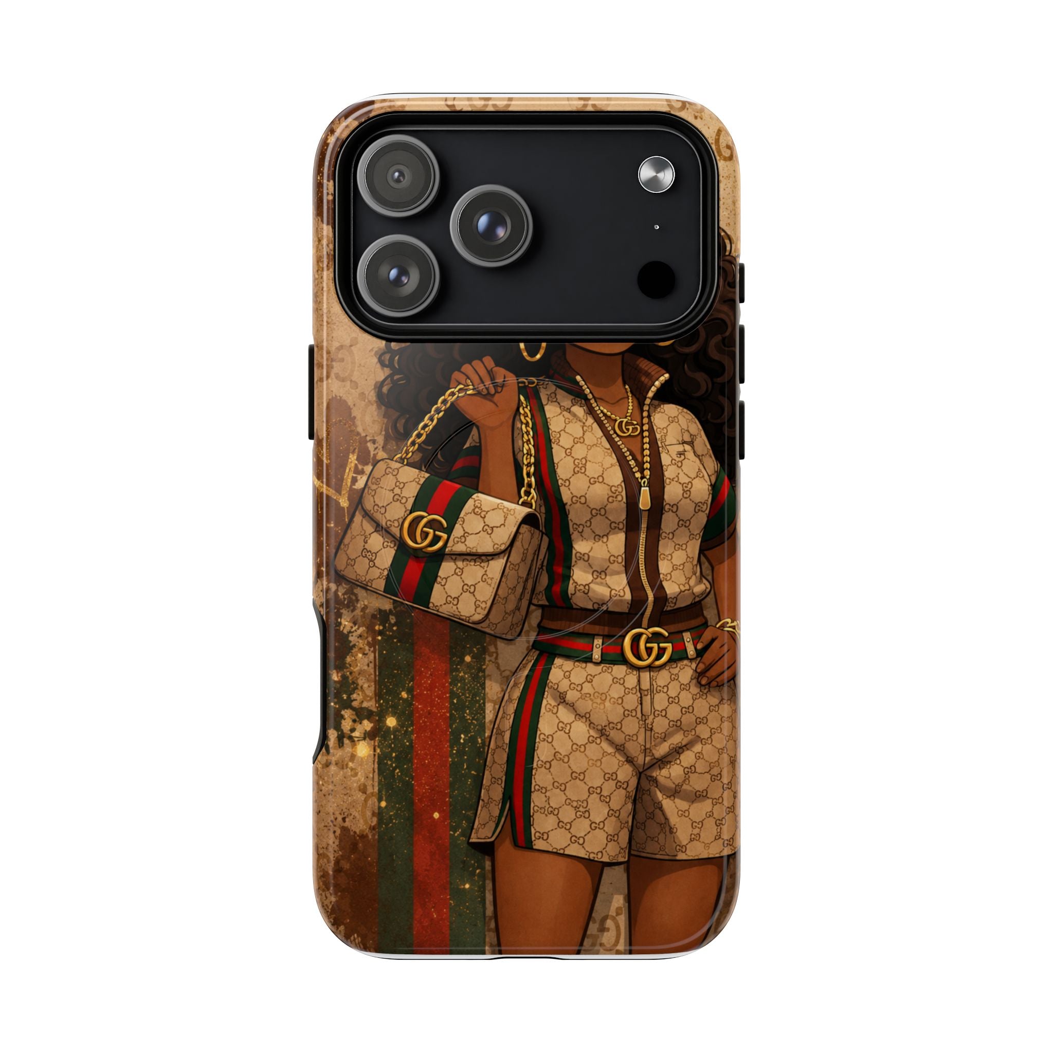 Protective phone case with brown monogram print and cartoon girl, camera cutouts