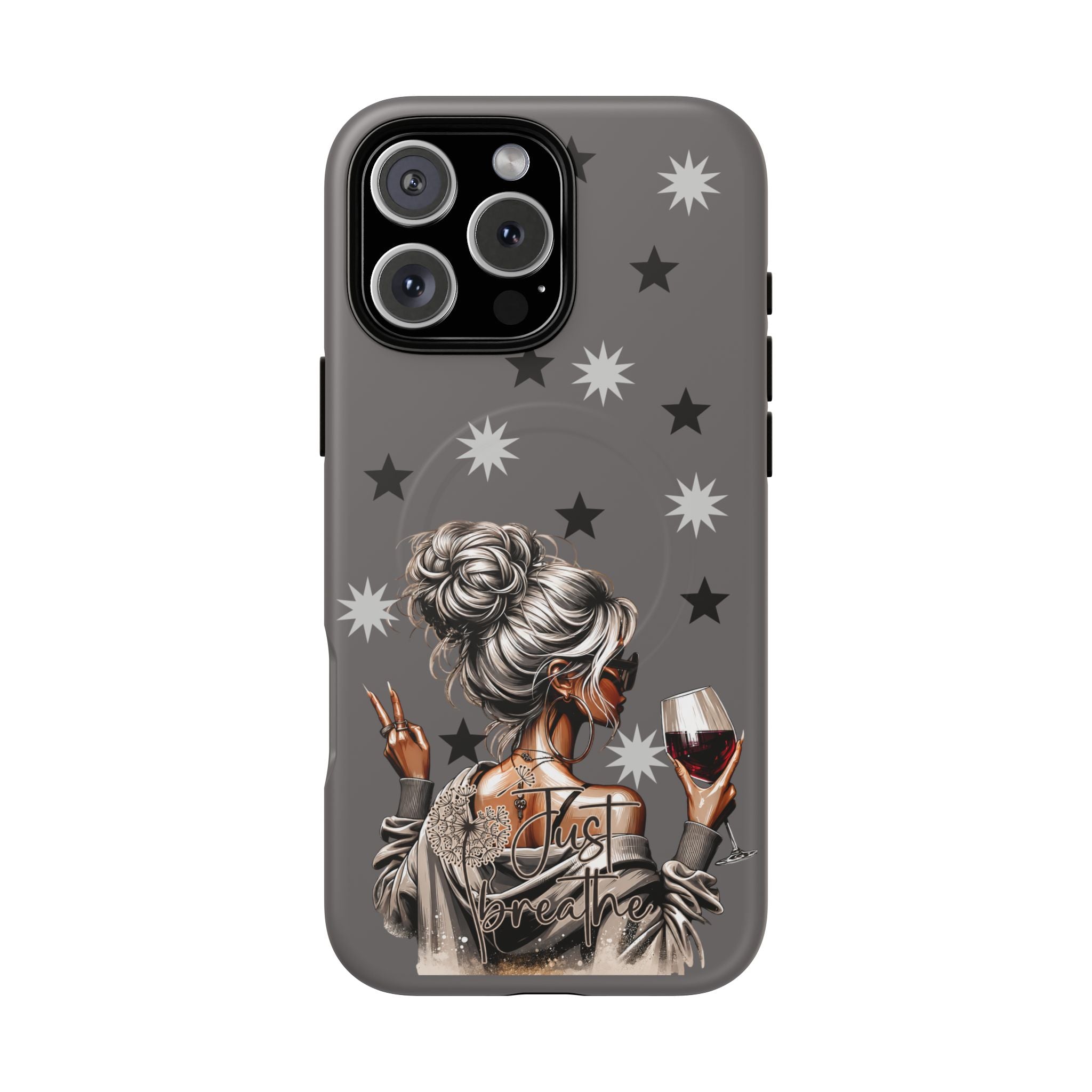 Tough magnetic phone case, dark gray with star pattern and illustrated woman holding wine, triple camera cutout