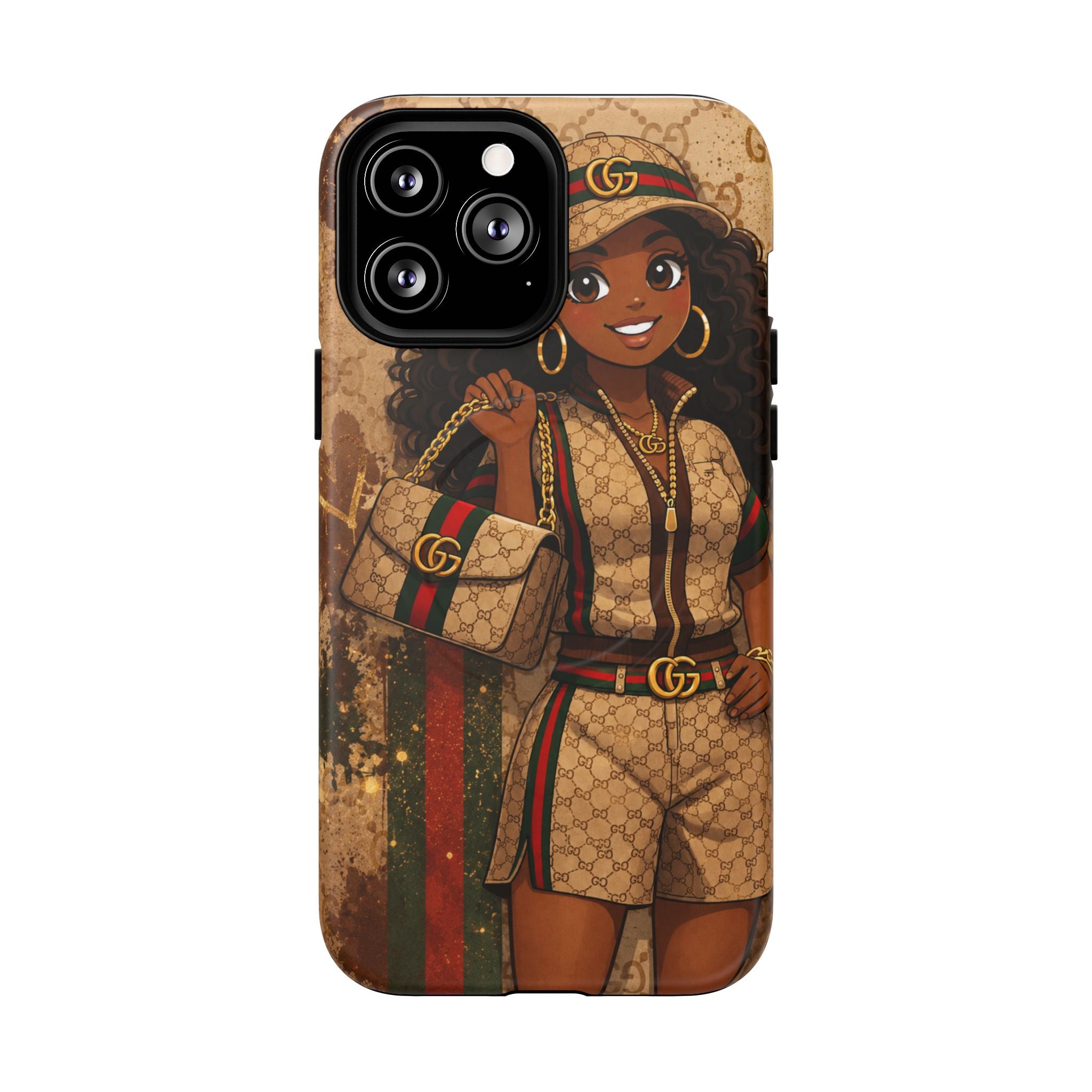Protective phone case with cartoon girl artwork on brown monogram pattern, camera openings