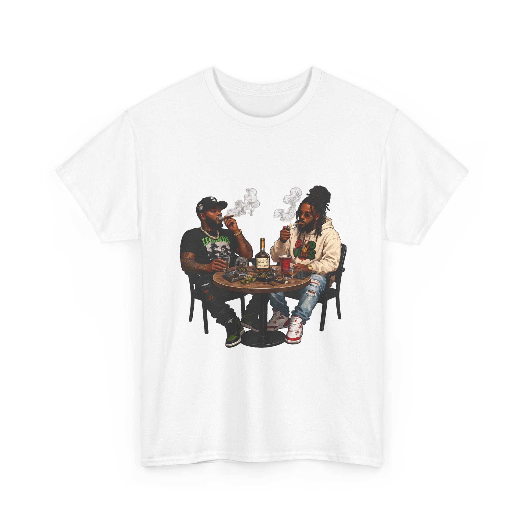 Two Friends Smoking at Table Tee | Casual Scene, Retro Illustration