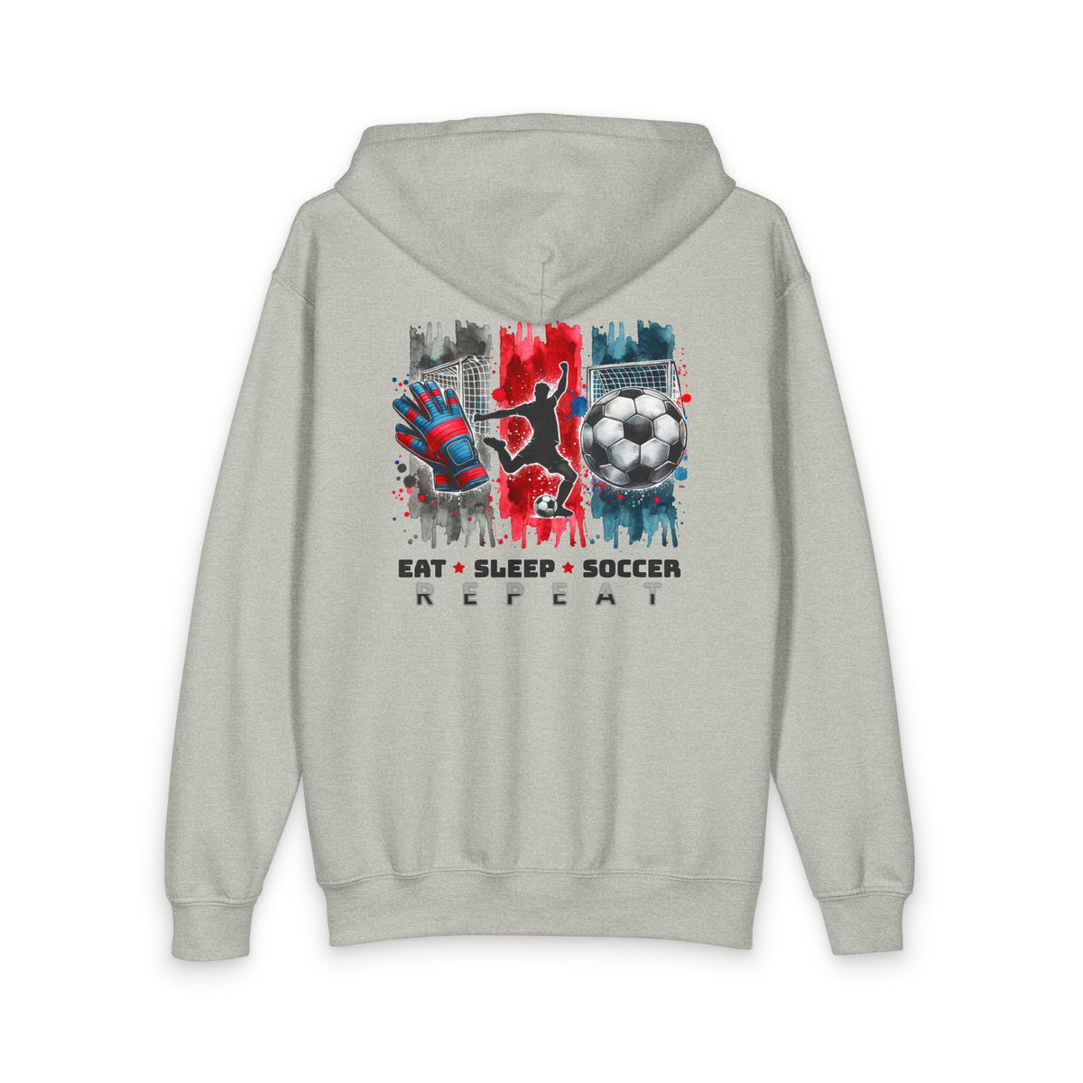 Youth Soccer Zip Hoodie — Eat, Sleep, Soccer Repeat Back Print