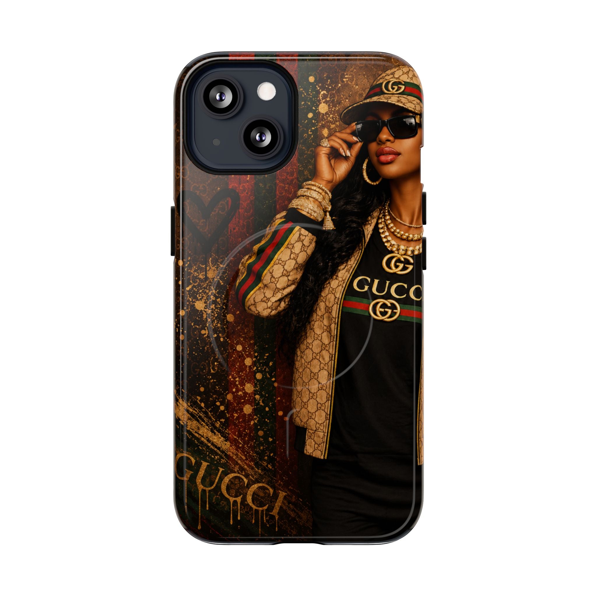 Black luxury phone case with Gucci portrait graphic, triple camera cutouts, glossy look