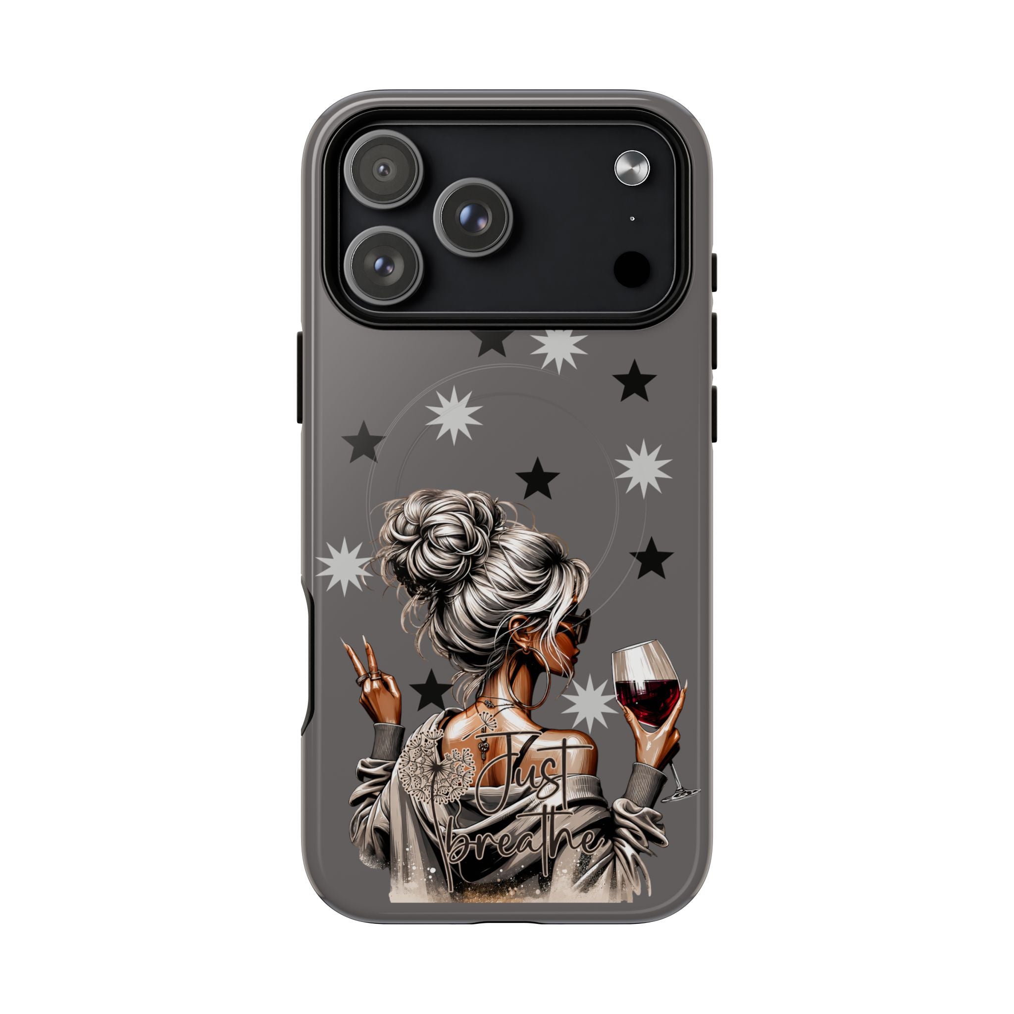 Tough magnetic phone case with star pattern and illustrated woman holding a wine glass