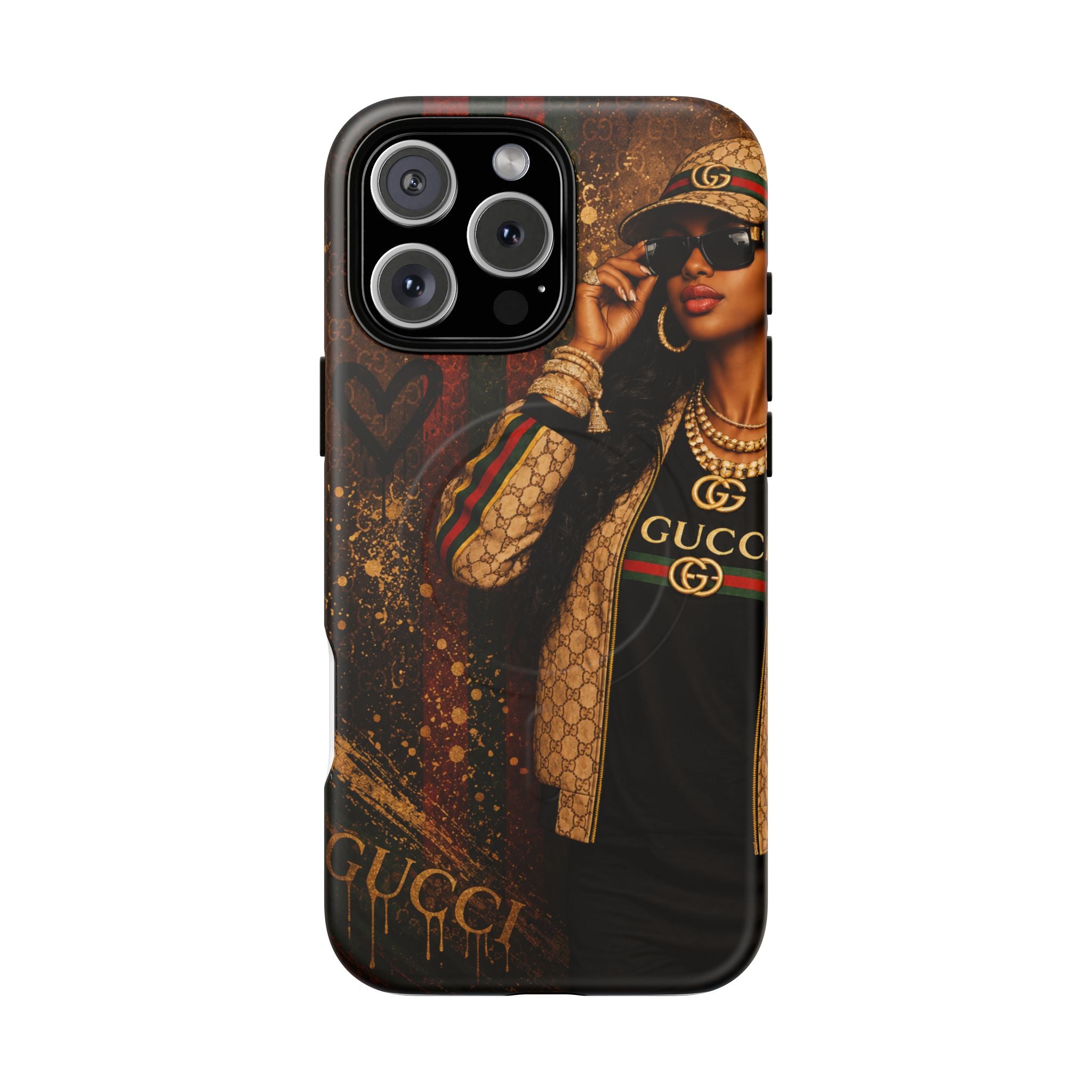 Tough magnetic phone case, Gucci gold/black street design, triple-lens cutout