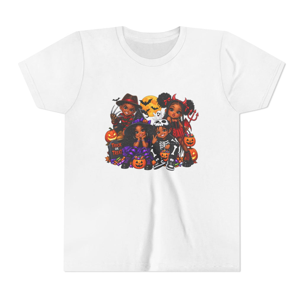 Kids Halloween Tee - Cute Black Girl Squad in Costumes with Pumpkins