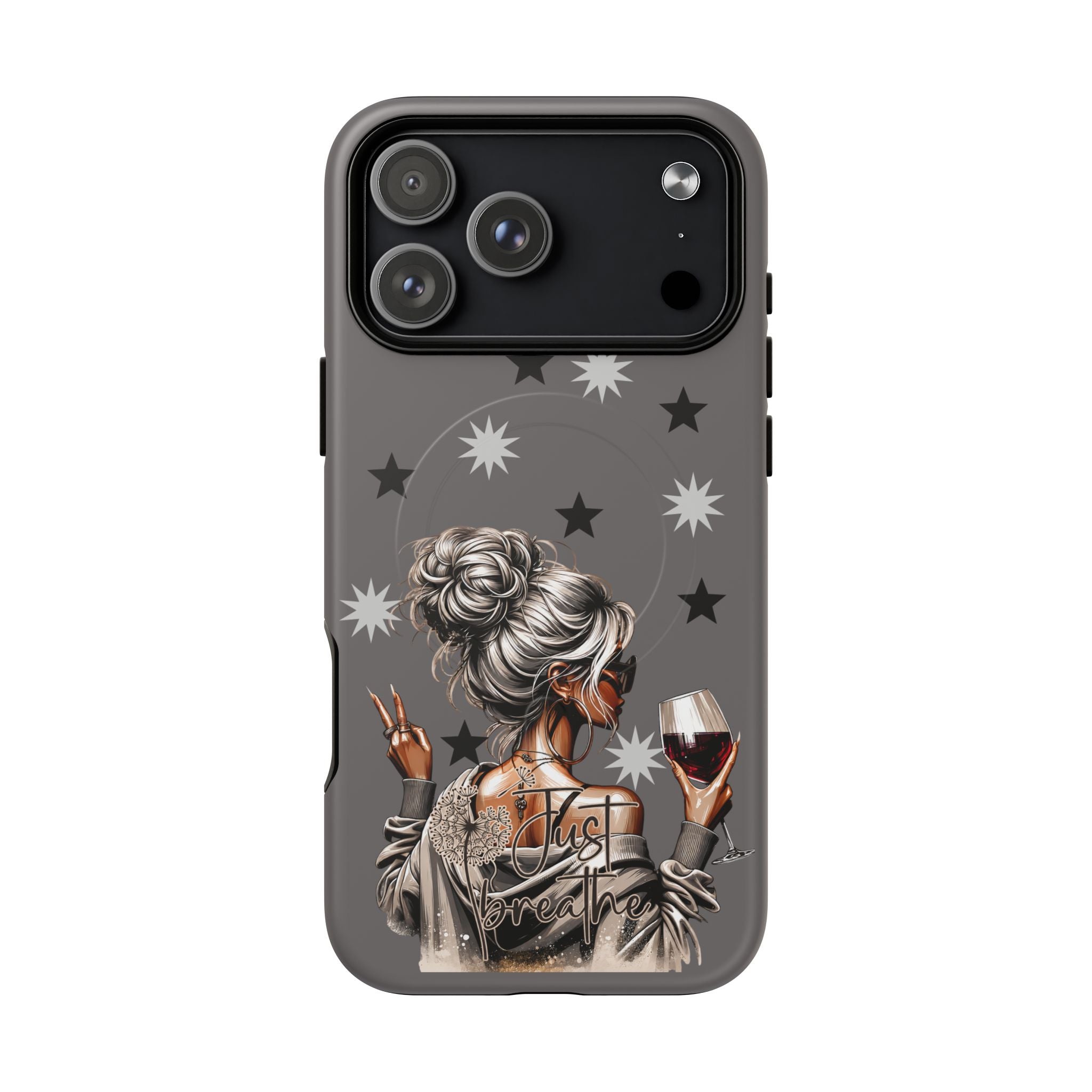 Tough magnetic phone case featuring a gray star background and illustrated woman