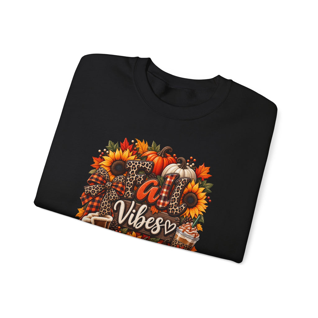 Fall Vibes Crewneck Sweatshirt — Autumn Pumpkin & Sunflower Graphic