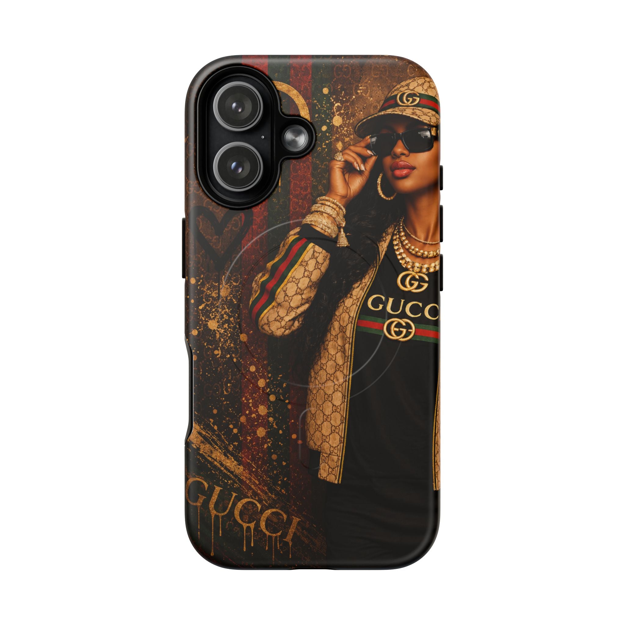 Tough phone case with Gucci logo print, dark brown/black street-art portrait and triple camera layout