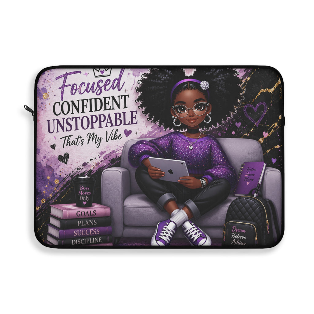 Focused Confident Unstoppable Thats My Vibe Laptop Sleeve | Girl with Tablet, Purple Afro Illustration