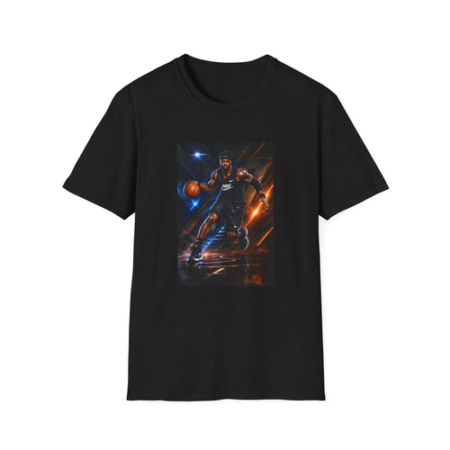 Black T-shirt with basketball player graphic and colorful hoop action design