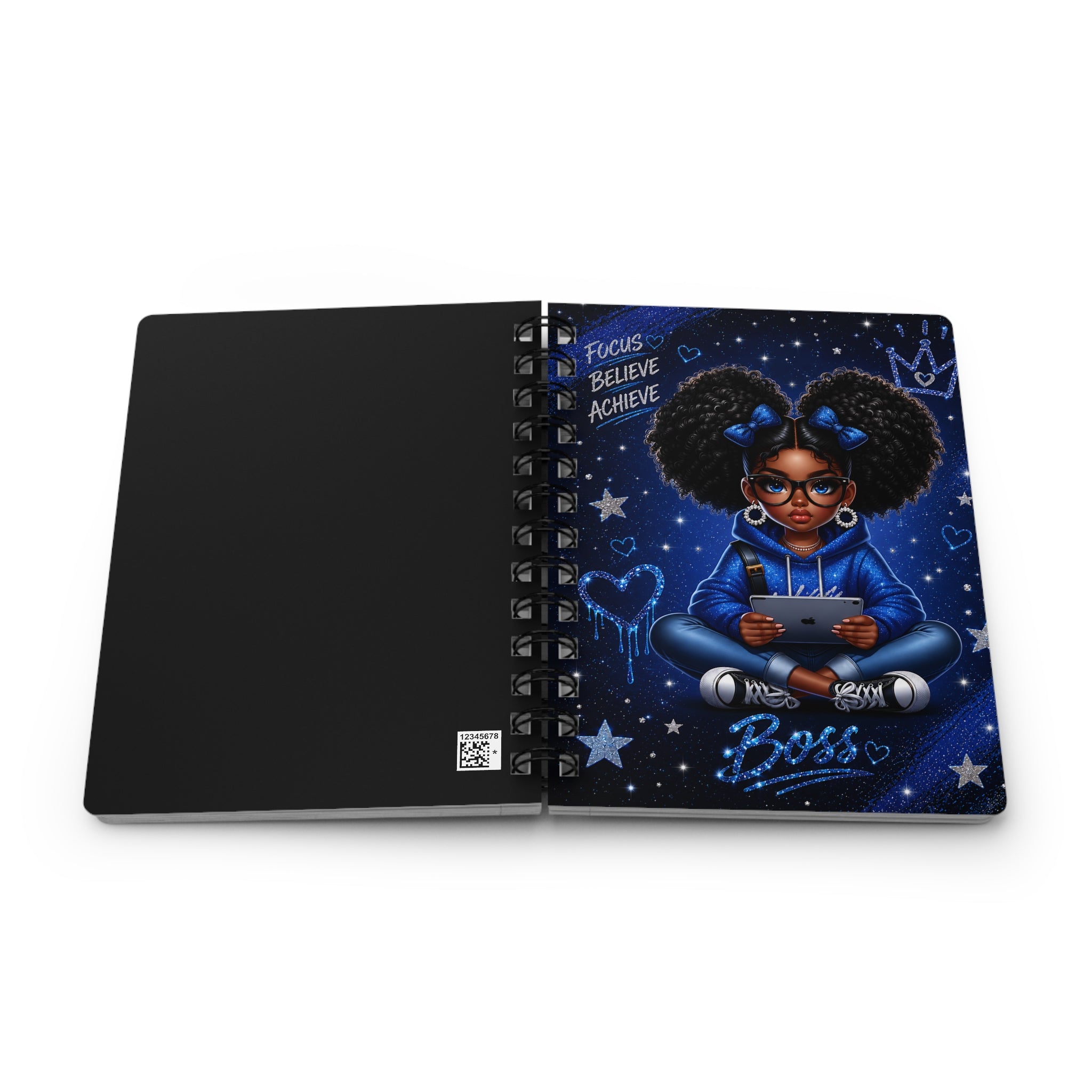 Black Girl Boss Illustration Spiral Notebook | Motivational Journal, Focus Believe Achieve