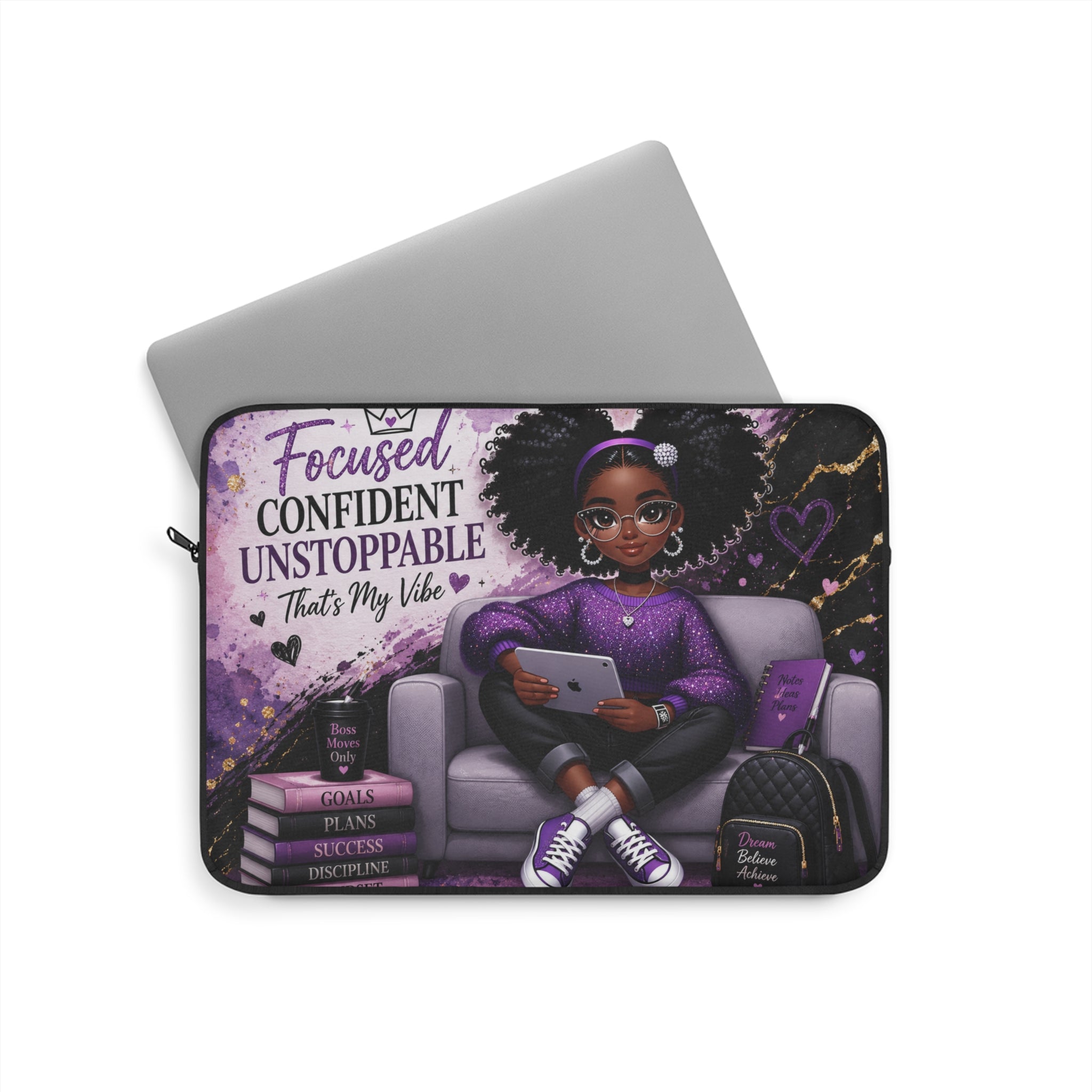 Focused Confident Unstoppable Thats My Vibe Laptop Sleeve | Girl with Tablet, Purple Afro Illustration