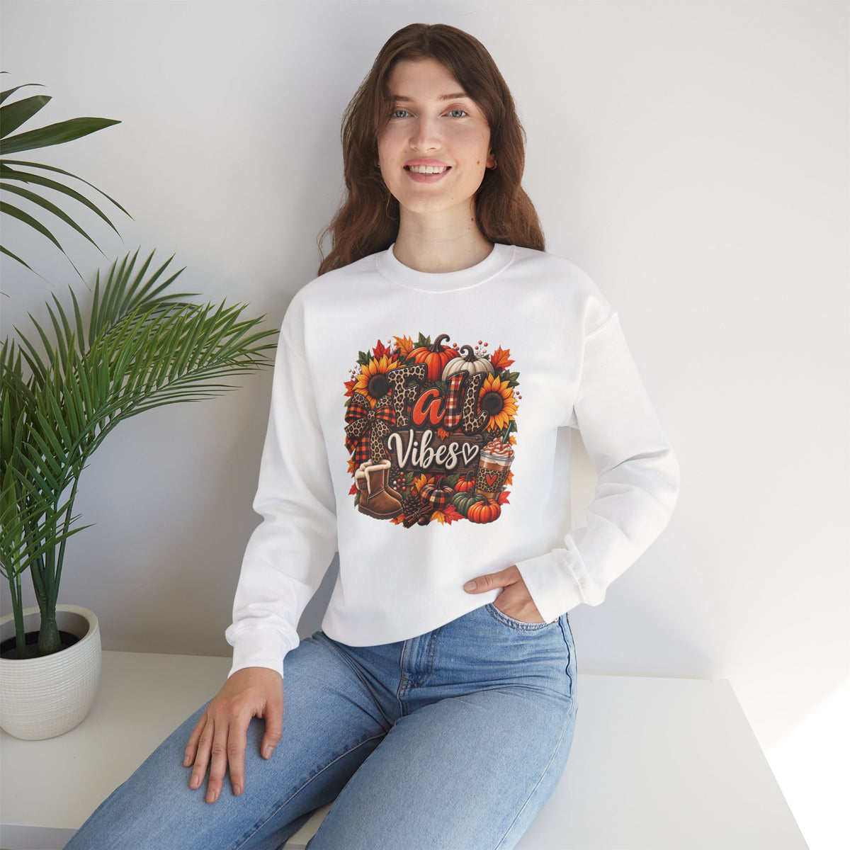Fall Vibes Crewneck Sweatshirt — Autumn Pumpkin & Sunflower Graphic