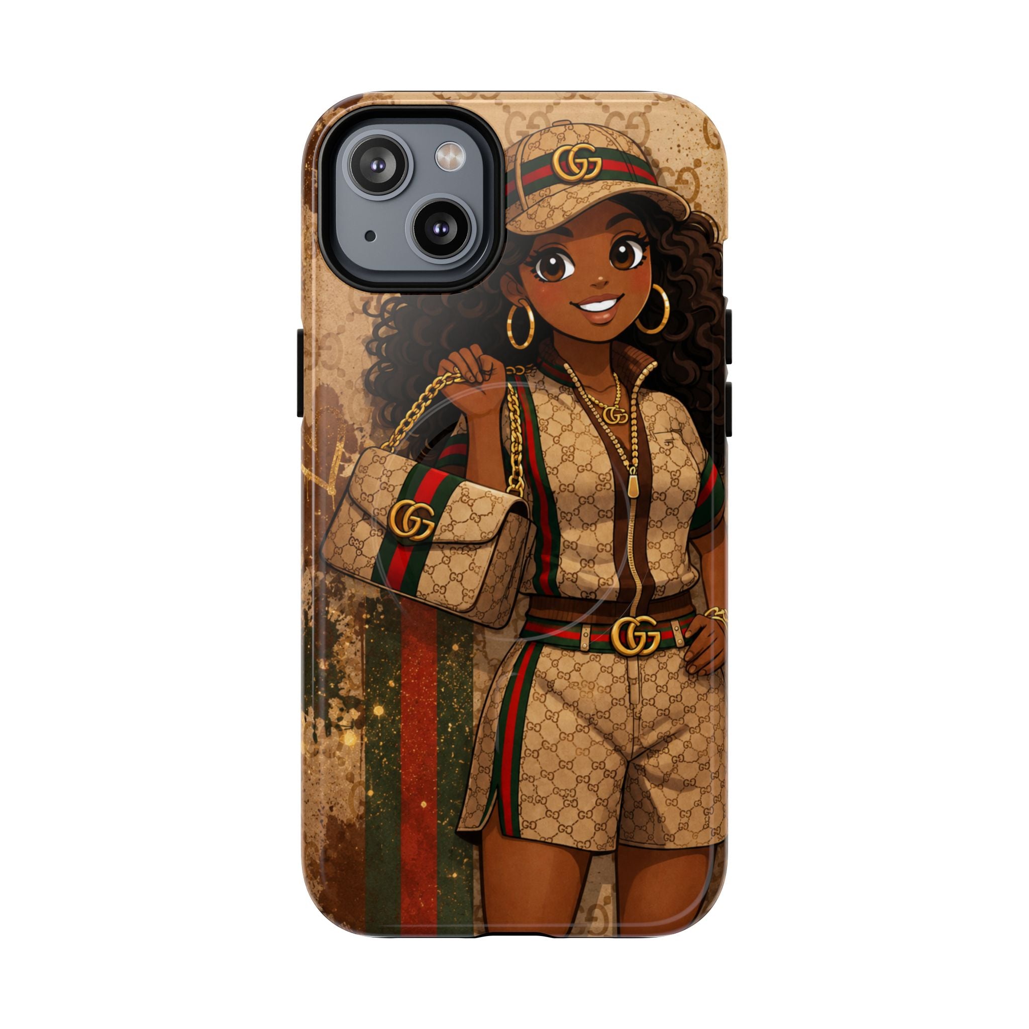 Phone case with gold-brown character artwork, black camera cutout, and patterned background