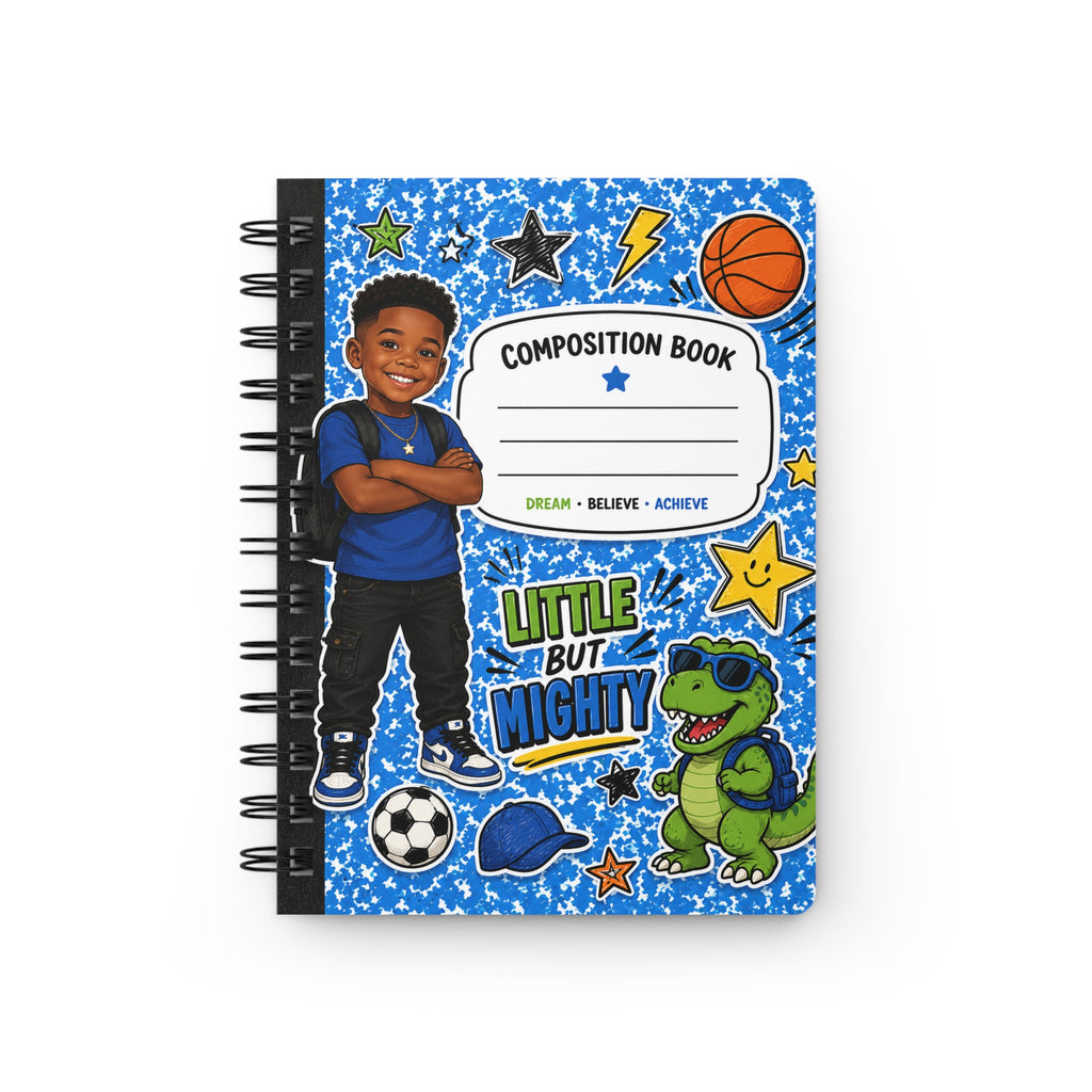 Little But Mighty Kids Spiral Journal — "Composition Book" Cover with Sports & Dinosaur