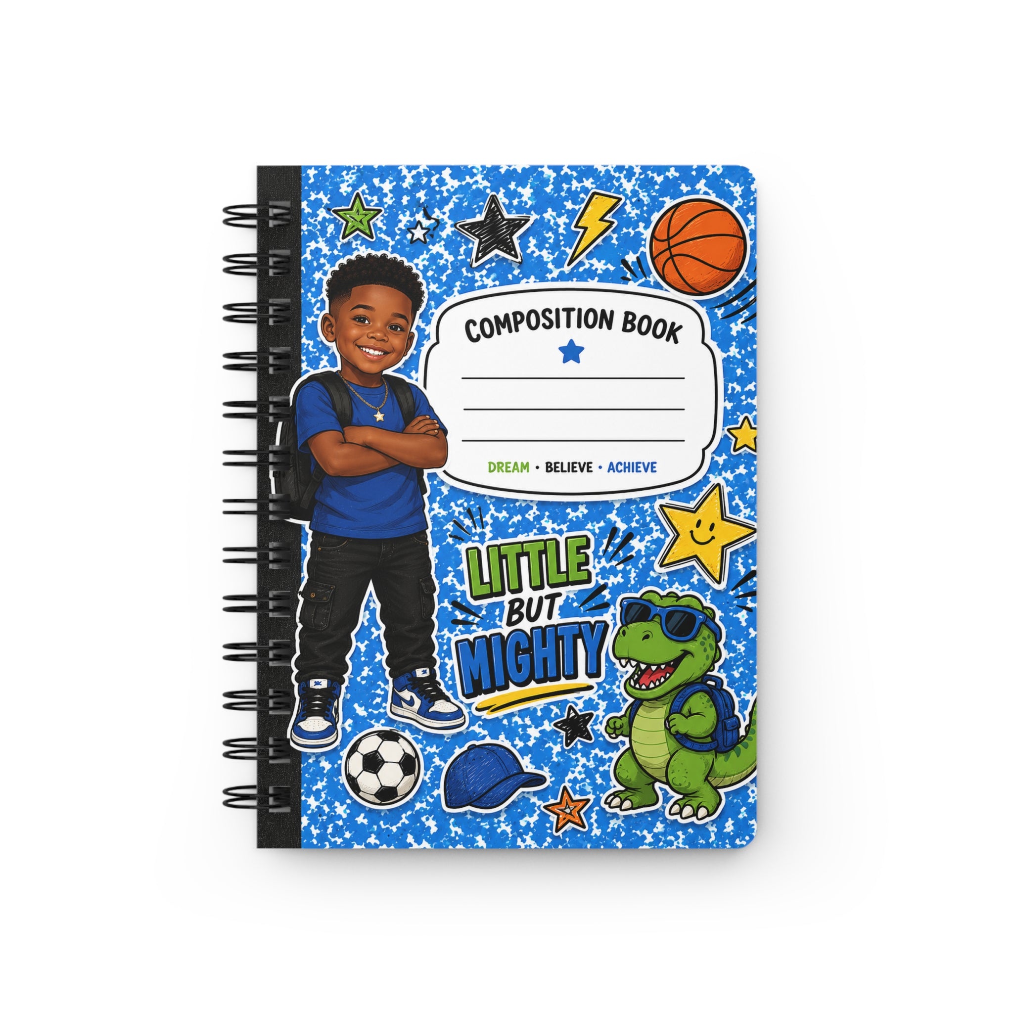 Little But Mighty Kids Spiral Journal — "Composition Book" Cover with Sports & Dinosaur
