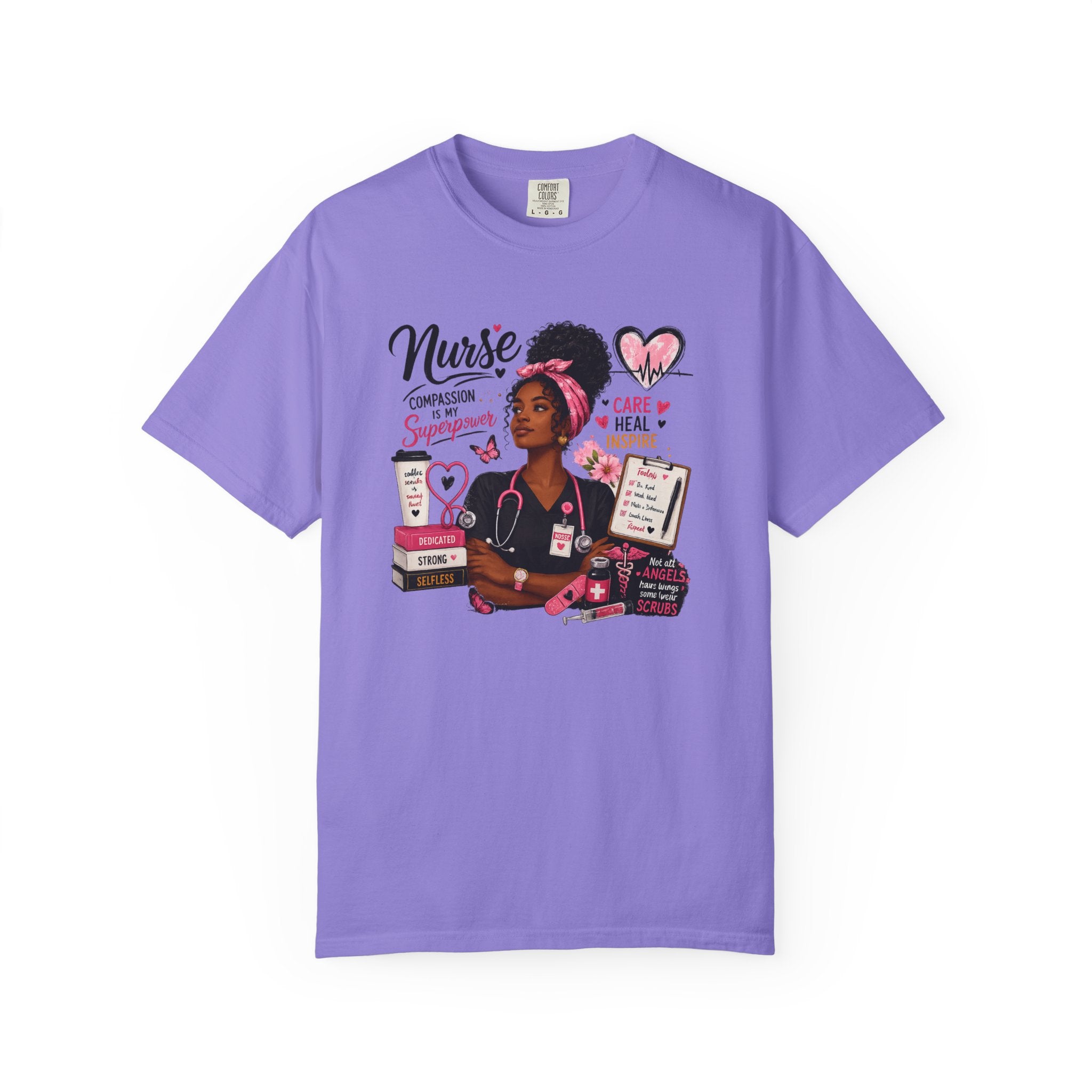 Violet nurse graphic t-shirt with illustrated nurse, hearts, and text panels.