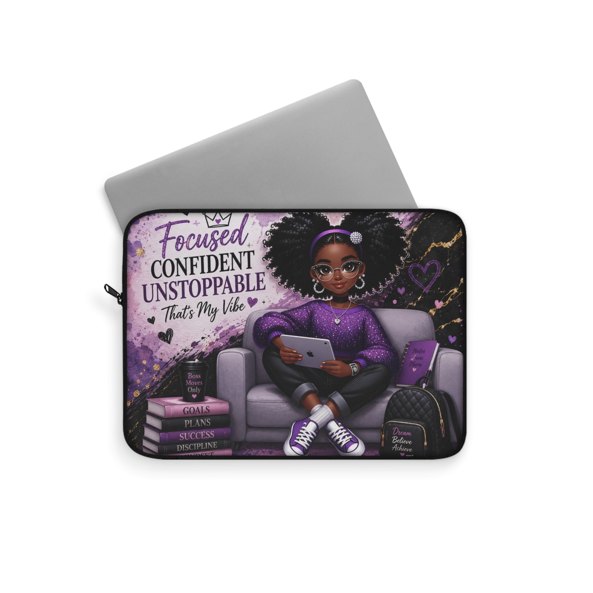 Focused Confident Unstoppable Thats My Vibe Laptop Sleeve | Girl with Tablet, Purple Afro Illustration