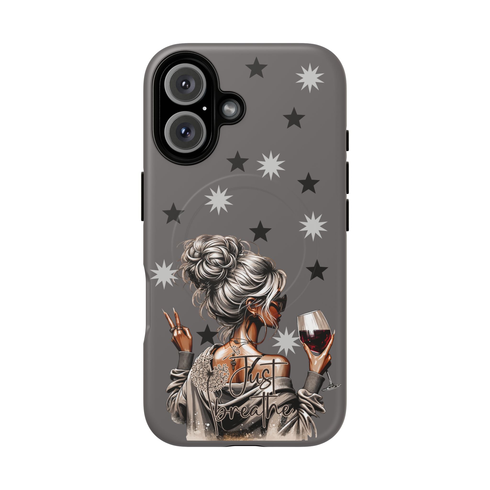 Tough magnetic phone case, dark gray with starbursts and woman holding wine, triple camera cutout