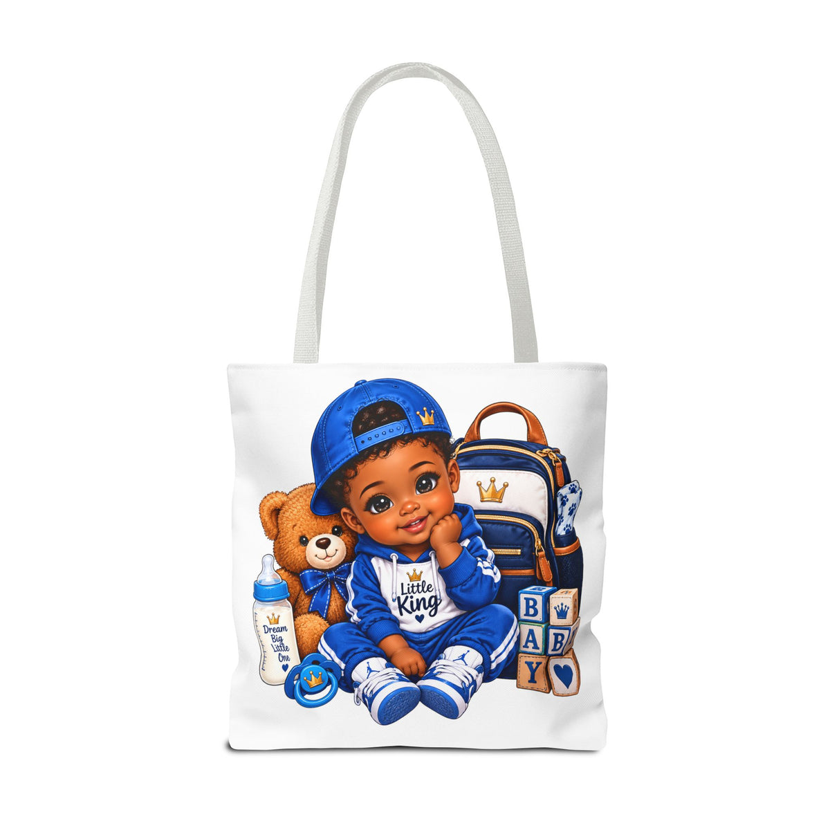 Baby Boy Tote Bag — 'Little King' Blue Nursery Illustration