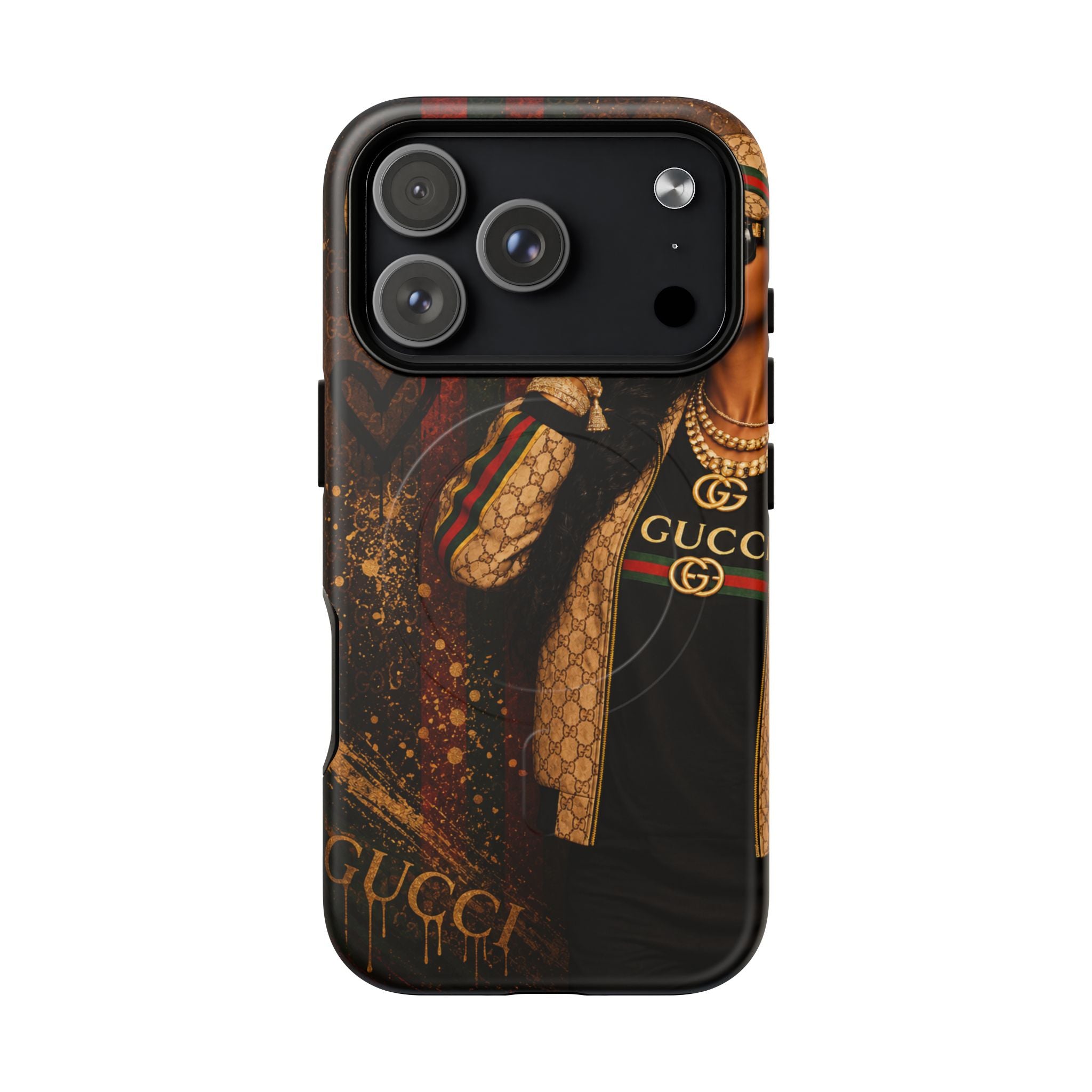 Tough magnetic phone case with Gucci logo print, dark brown/black portrait design and dual camera cutouts