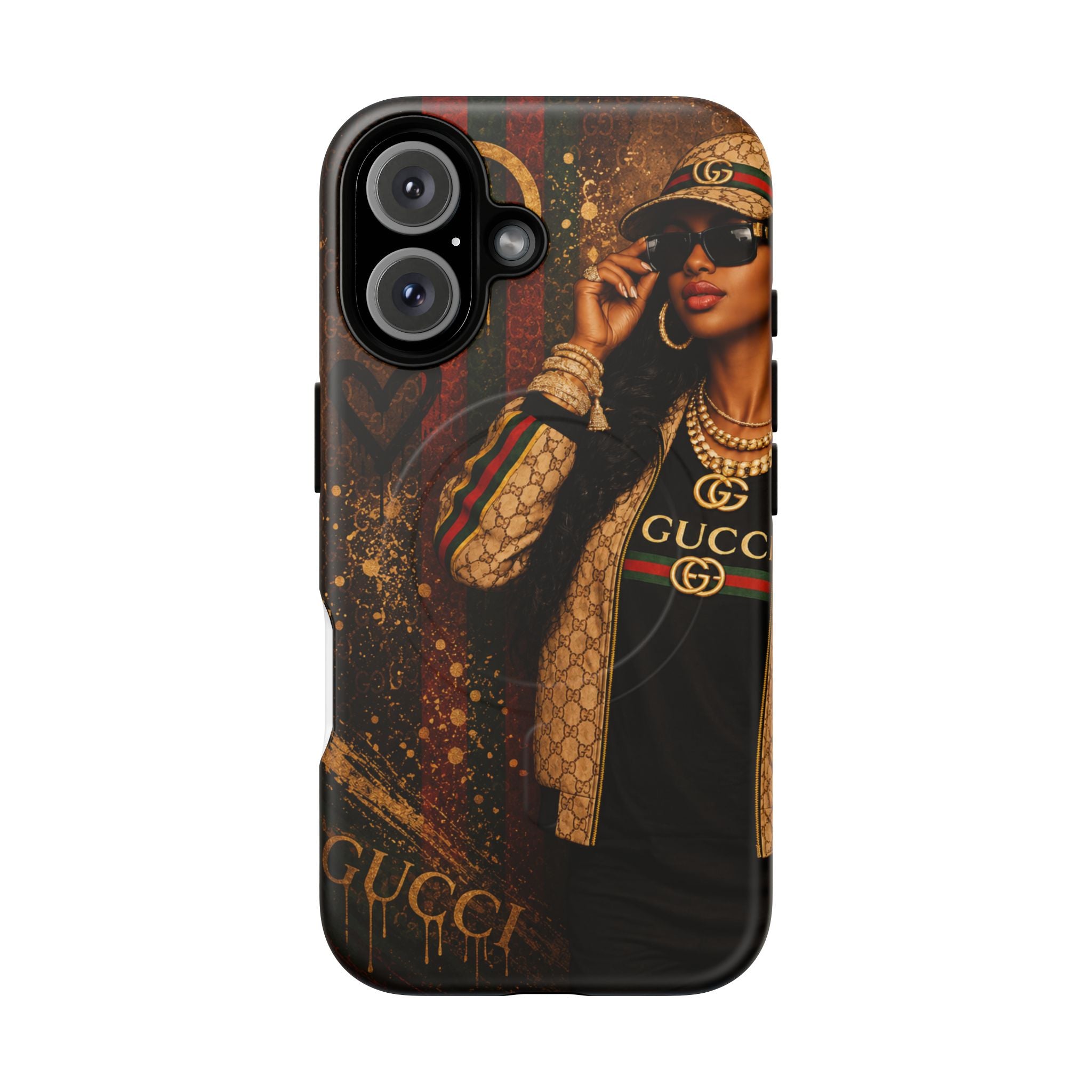 Tough phone case with Gucci logo print, dark brown/black portrait artwork and triple camera cutouts