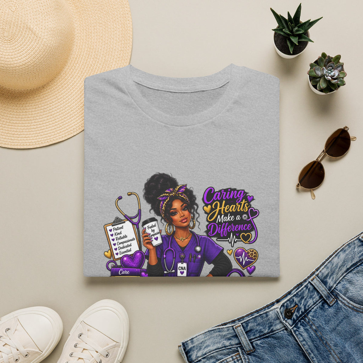 Caring Hearts Make a Difference CNA T-Shirt — Proud Nurse Aide Gift