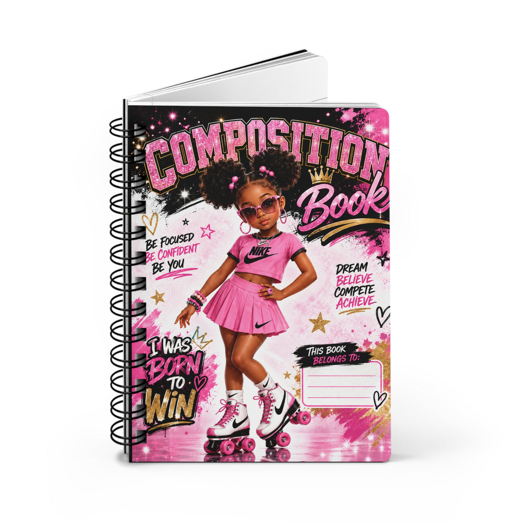 Composition Notebook — Pink Roller Girl 'Born to Win' Spiral Journal