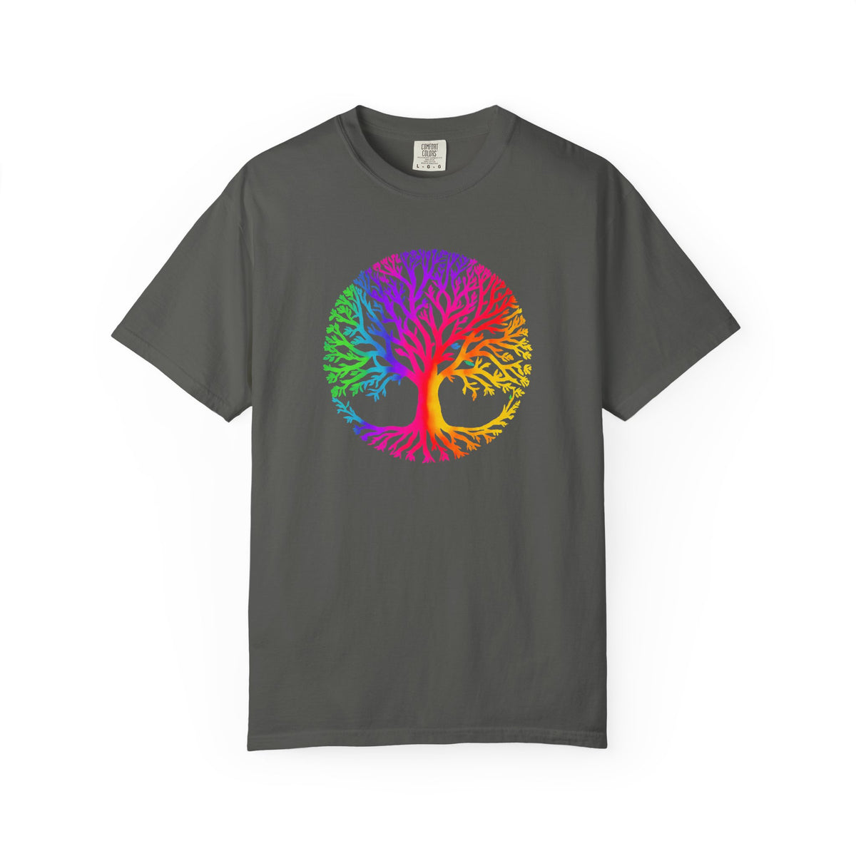 Dark gray T-shirt with colorful rainbow tree of life graphic on the front.