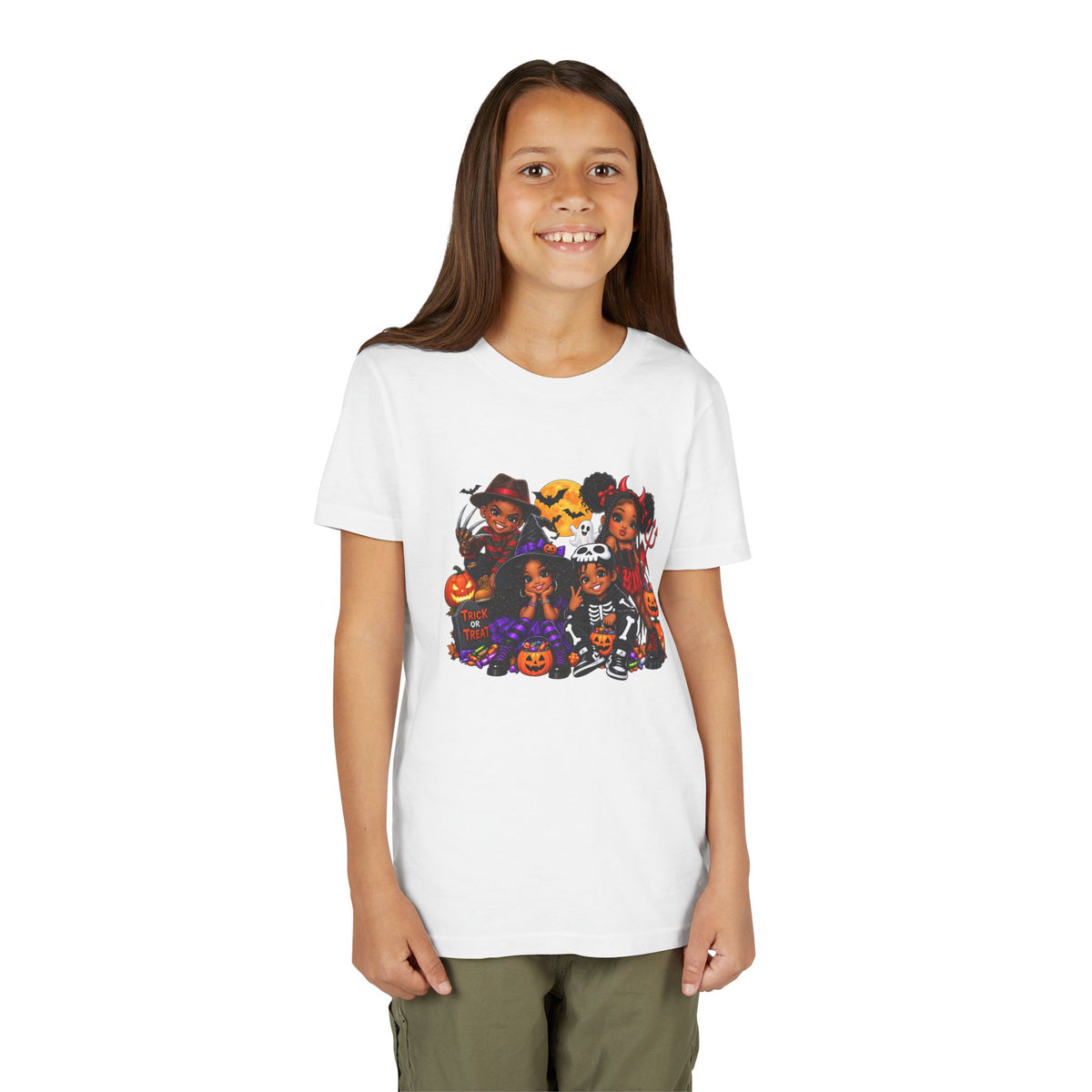 Kids Halloween Tee - Cute Black Girl Squad in Costumes with Pumpkins