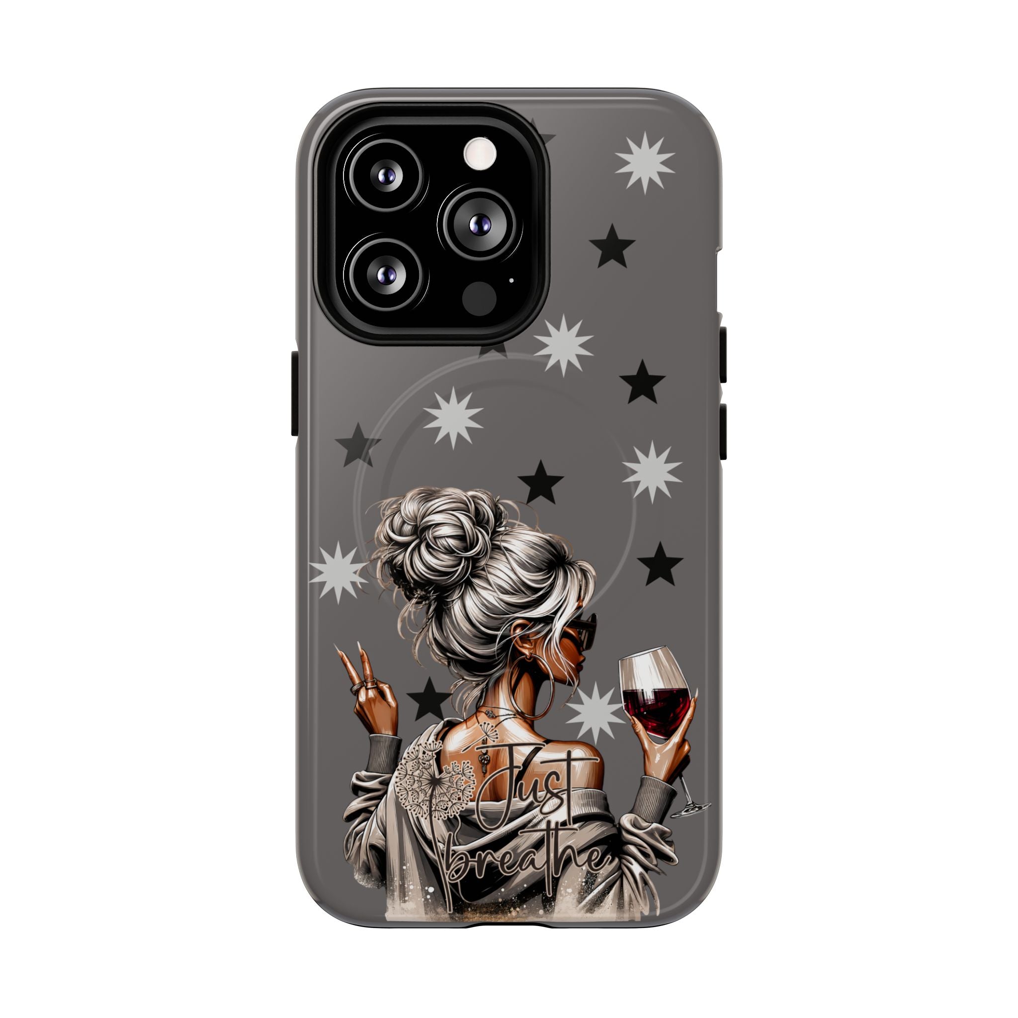 Tough magnetic phone case with gray star design and illustrated woman holding a glass