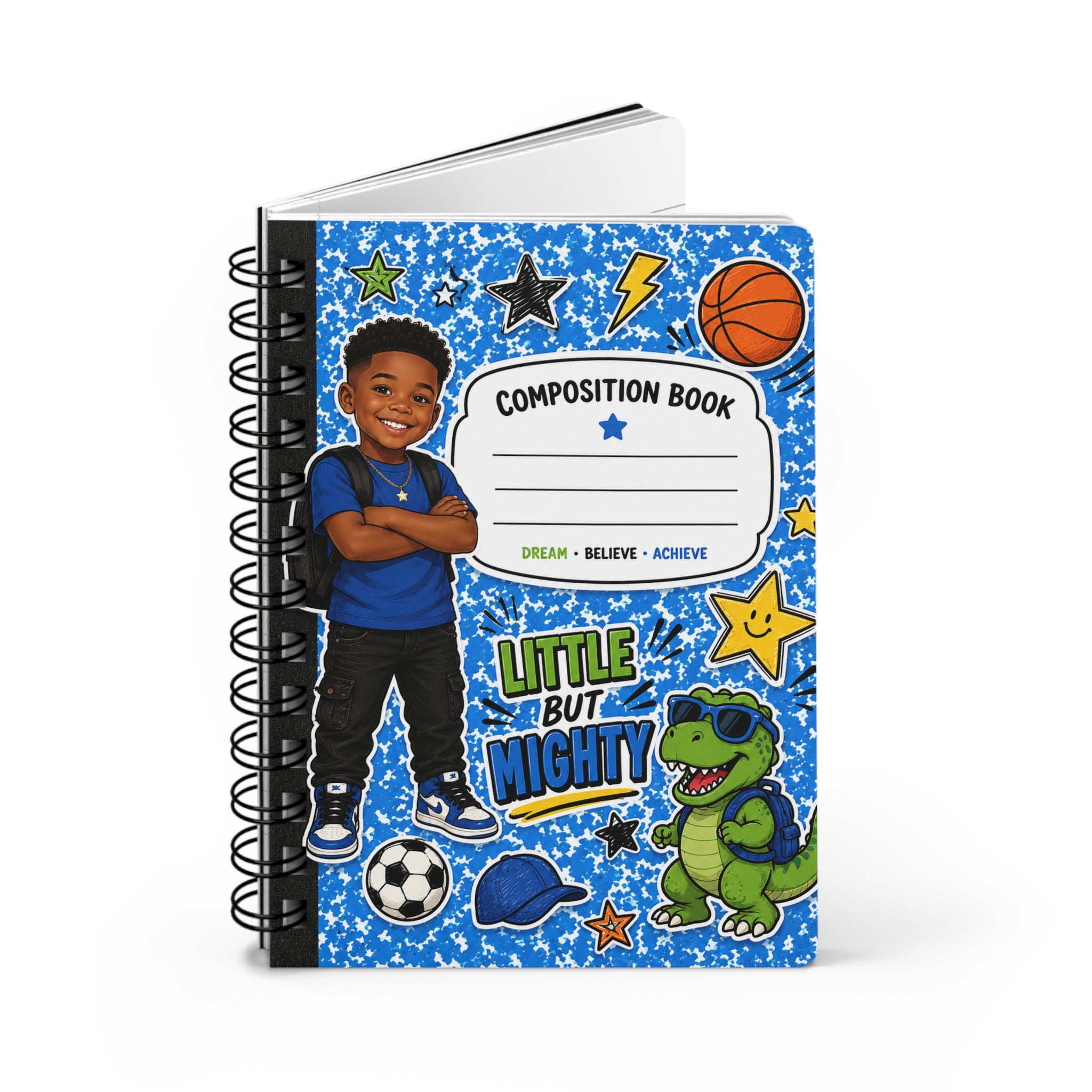 Little But Mighty Kids Spiral Journal — "Composition Book" Cover with Sports & Dinosaur