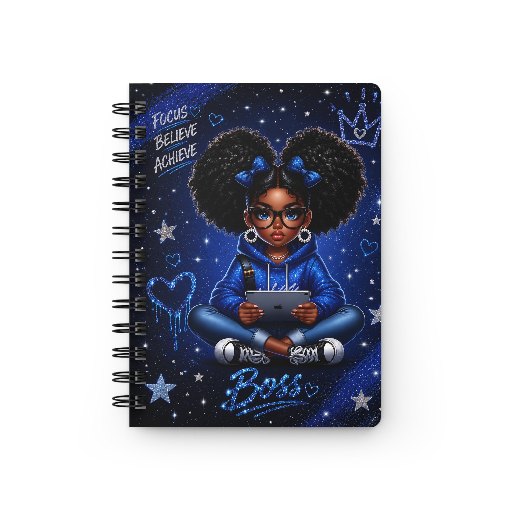 Black Girl Boss Illustration Spiral Notebook | Motivational Journal, Focus Believe Achieve