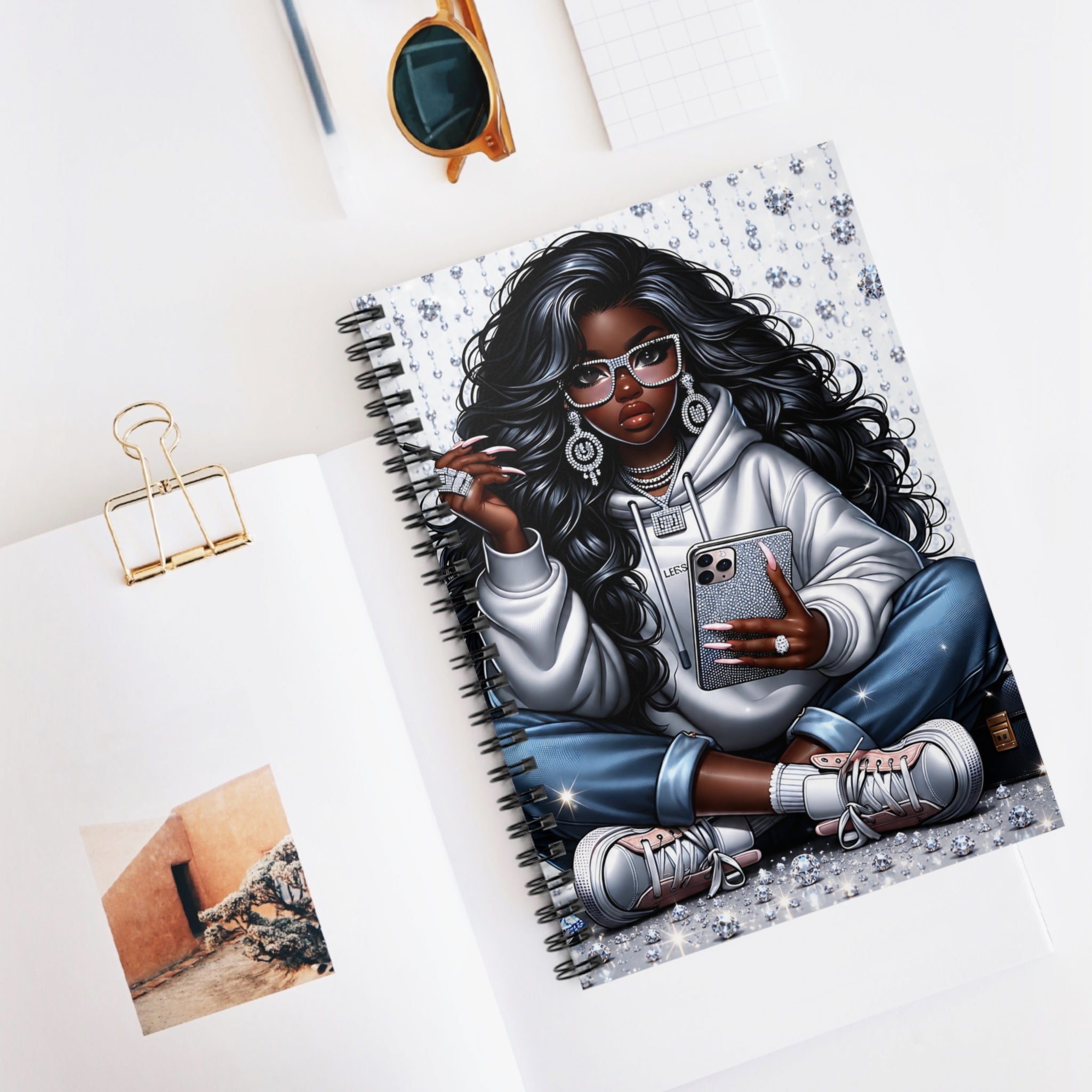 Stylish Curly-Haired Girl Hoodie Illustration Spiral Notebook | Ruled