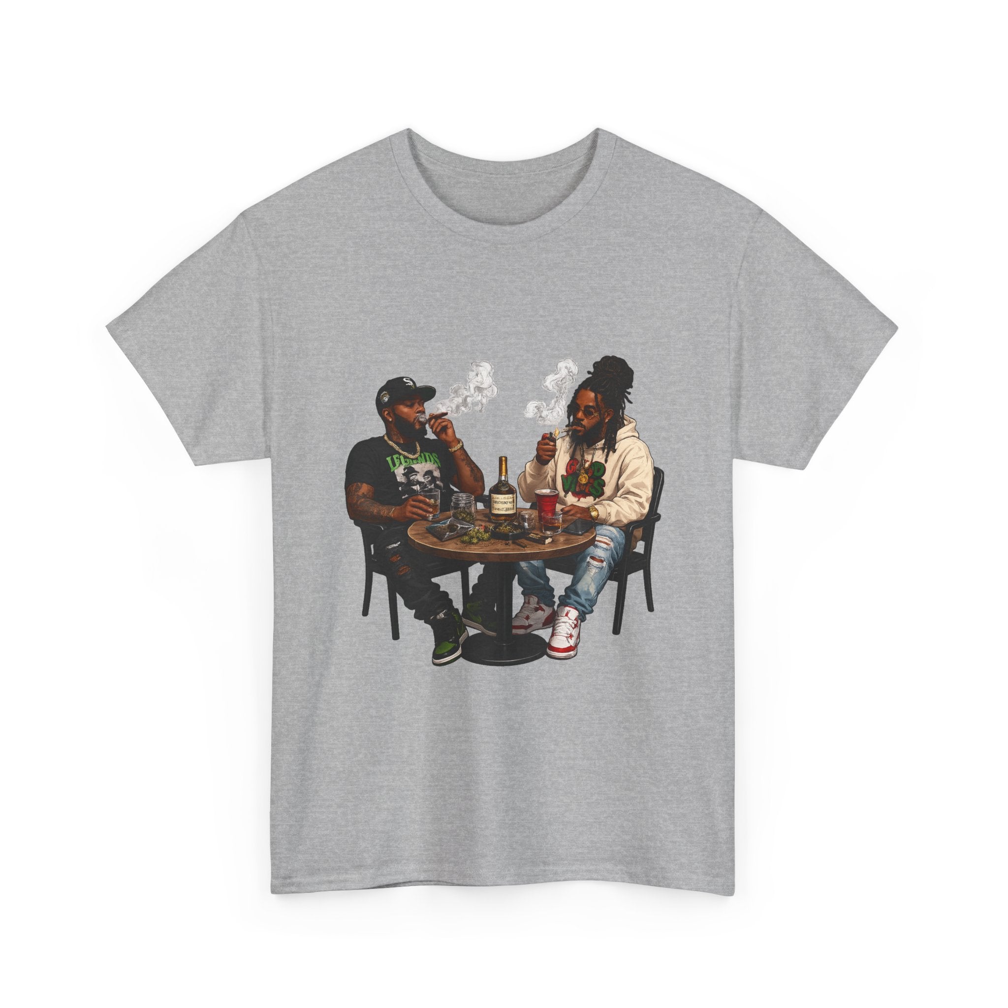 Two Friends Smoking at Table Tee | Casual Scene, Retro Illustration