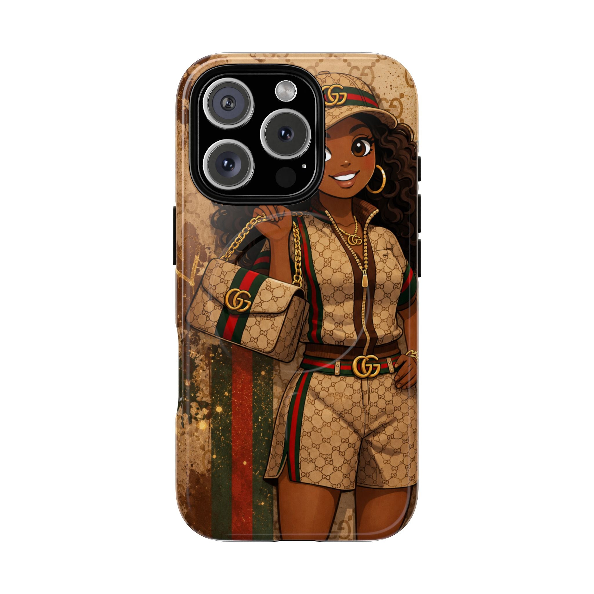 Phone case with gold-brown character graphic, black camera cutouts, and decorative belt